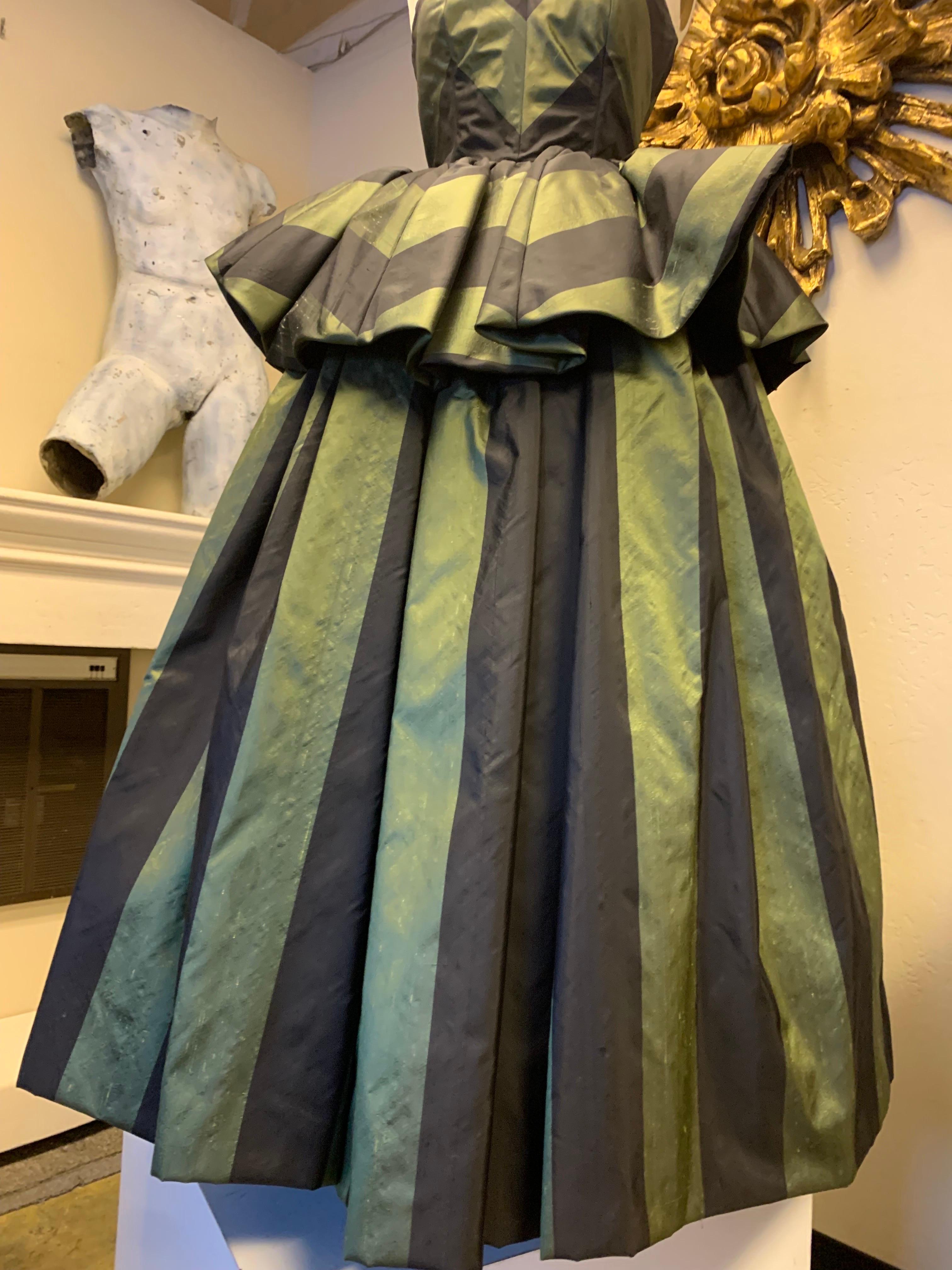 1980s Louis Feraud Green & Black Silk Taffeta Strapless Ballgown w Peplum For Sale 1