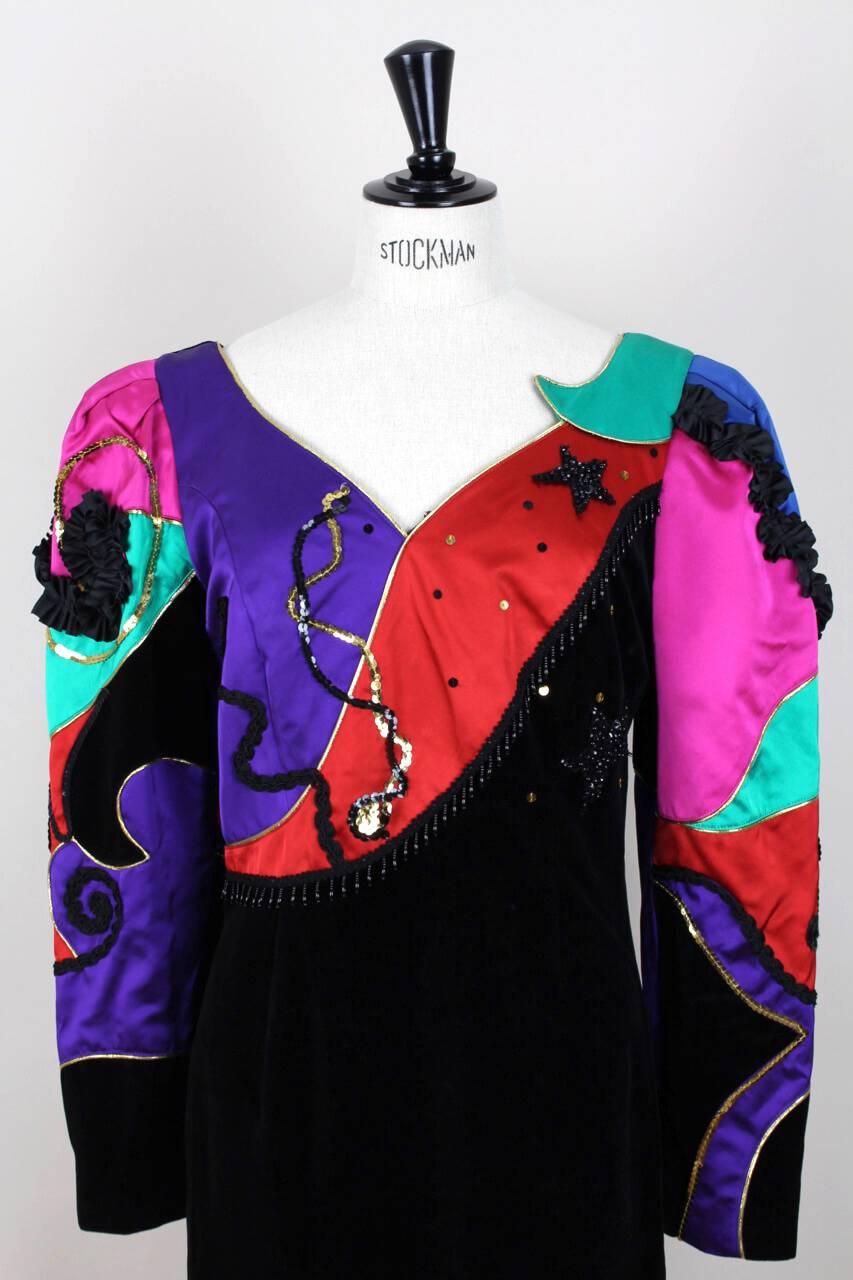 1980s Louis Féraud Black Velvet & Satin Sequin Beads Embellished Cocktail Dress For Sale 1