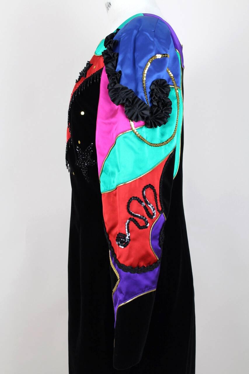 1980s Louis Féraud Black Velvet & Satin Sequin Beads Embellished Cocktail Dress For Sale 5