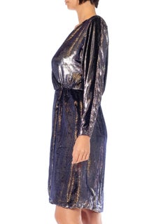 1980S LOUIS SCHERRER Style Silver Metallic & Navy Blue Poly/Viscose Velvet Low