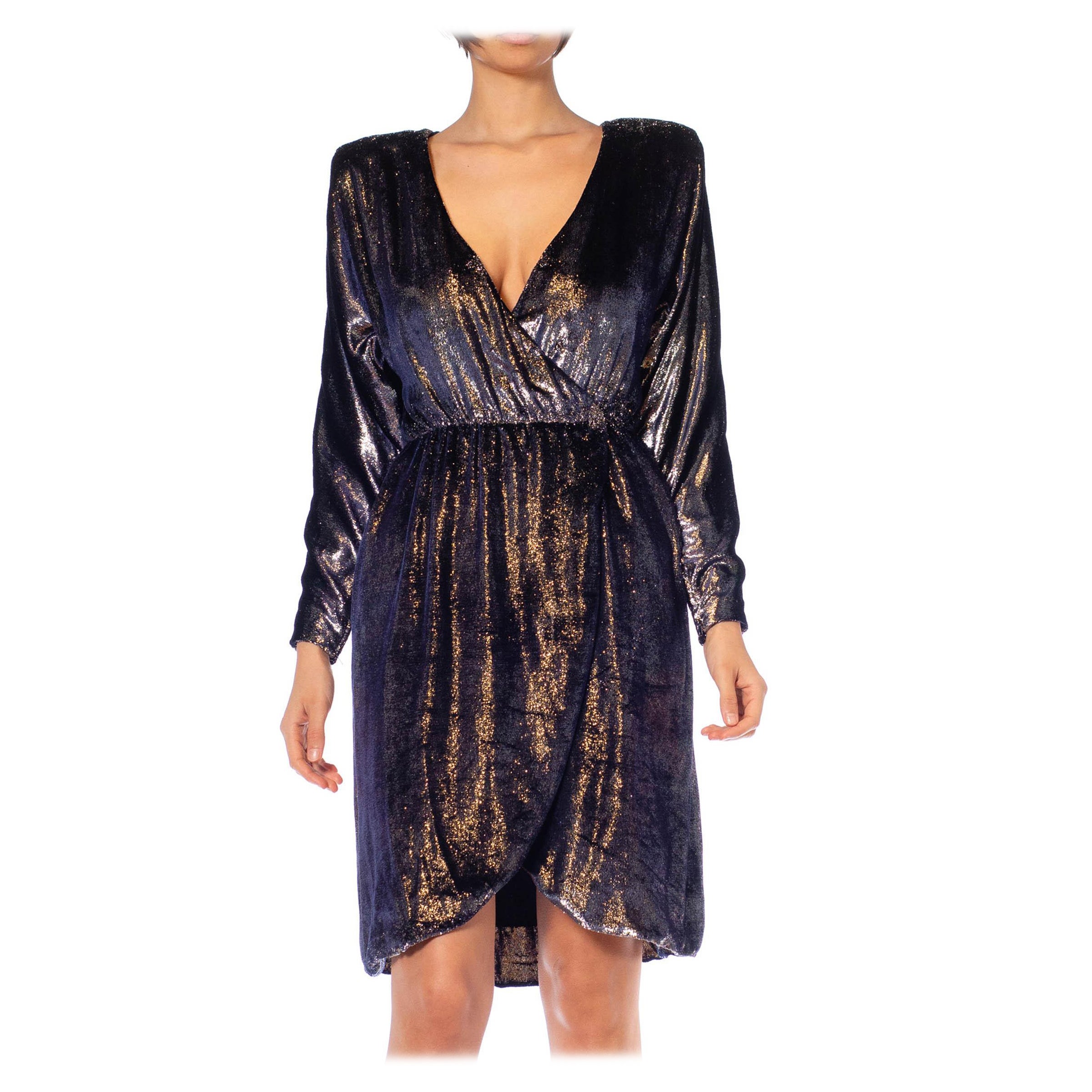 Louis Scherrer - Robe basse en velours poly/viscose bleu marine et argenté métallisé, style années 1980