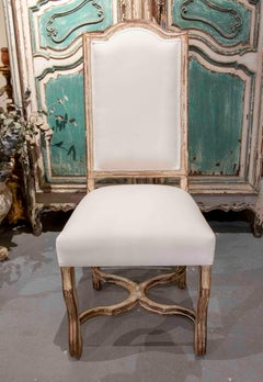 1980s Louis XV Style Chair with Patina Finish, High Back, & Linen Upholstery