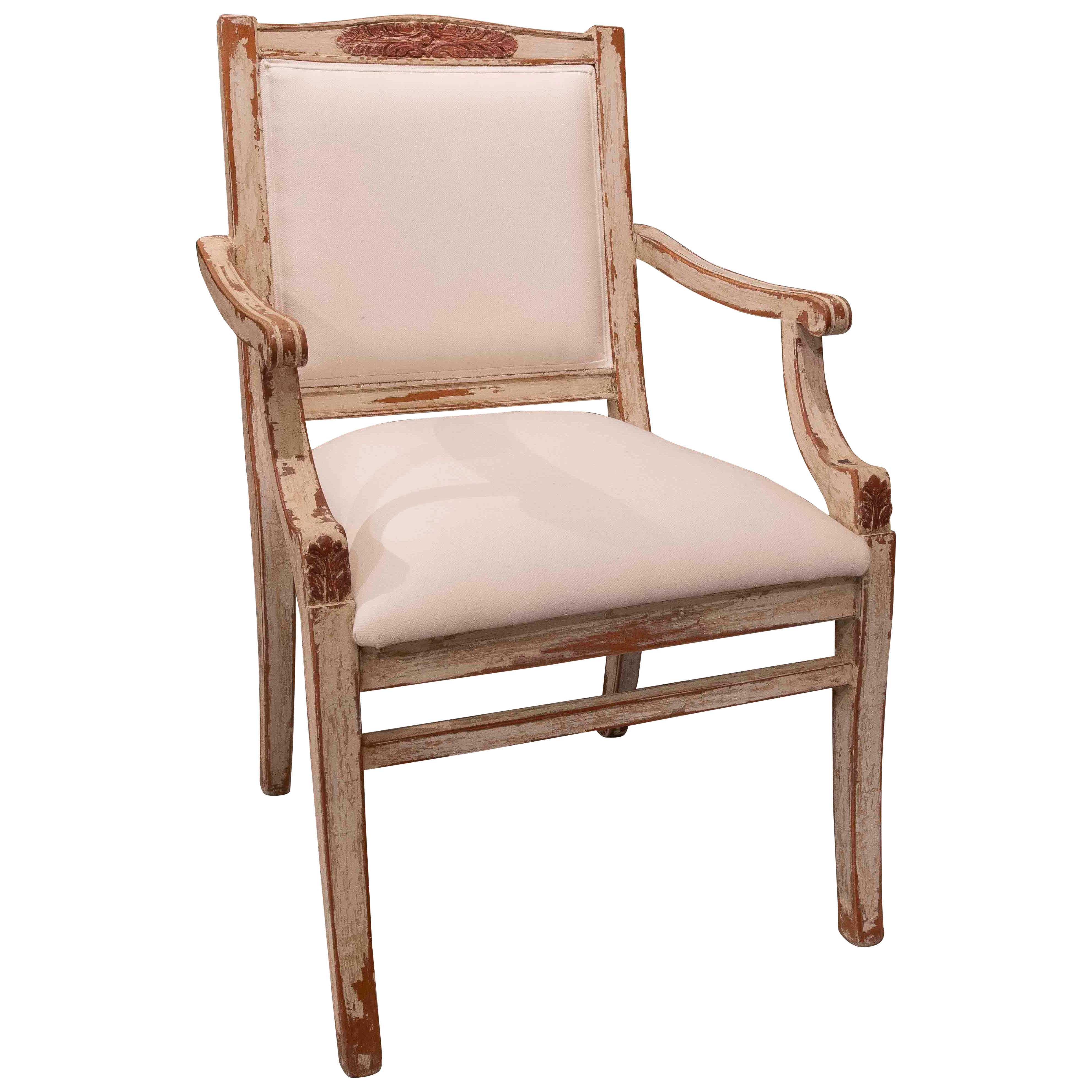 1980s Louis XVI Patinated Armchair with Arms and Linen Upholstery For Sale