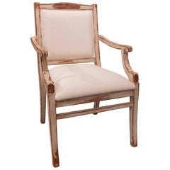 1980s Louis XVI Patinated Armchair with Arms and Linen Upholstery