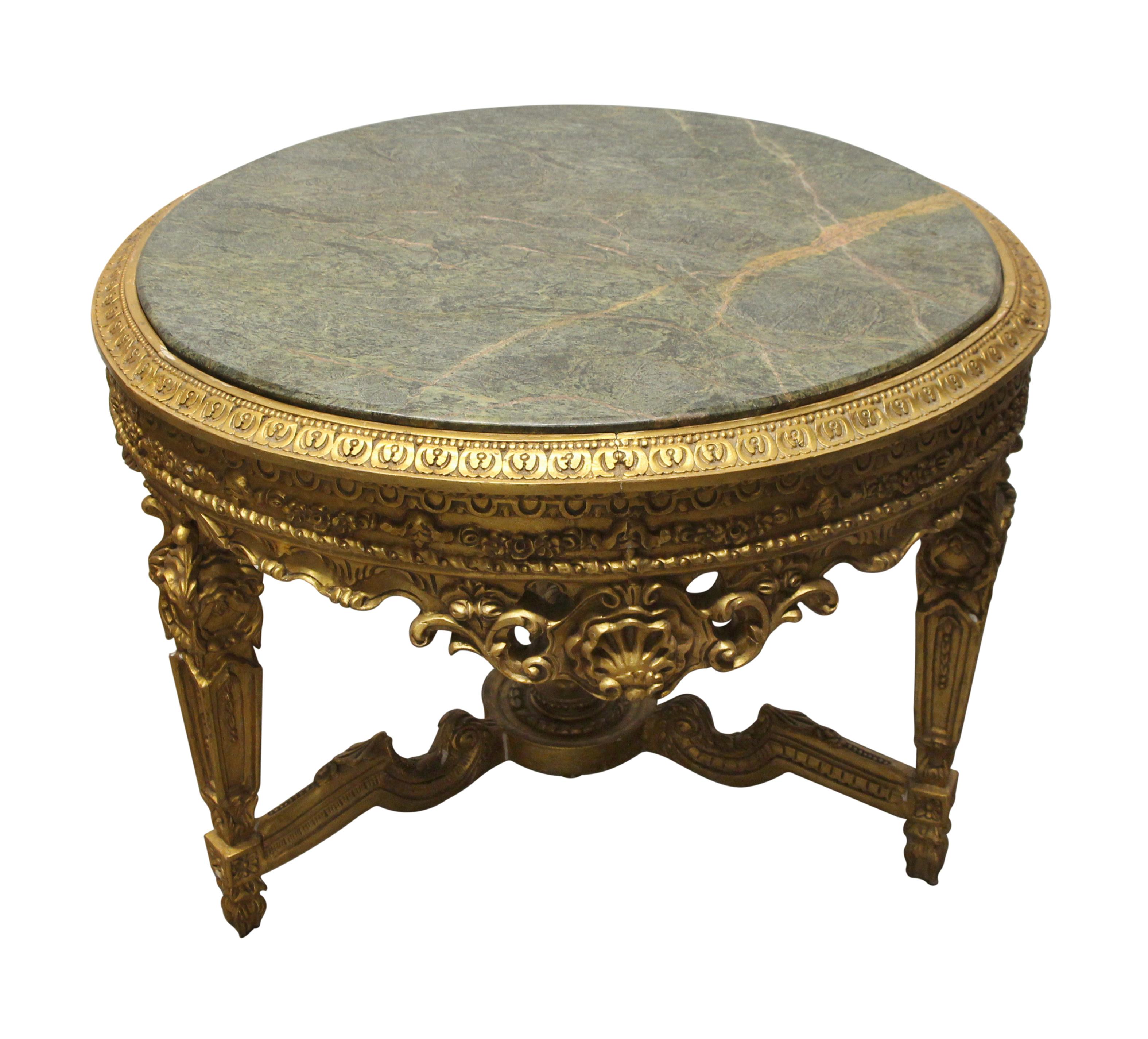 1980s Louis XVI Style Giltwood and Green Marble Round Table 2