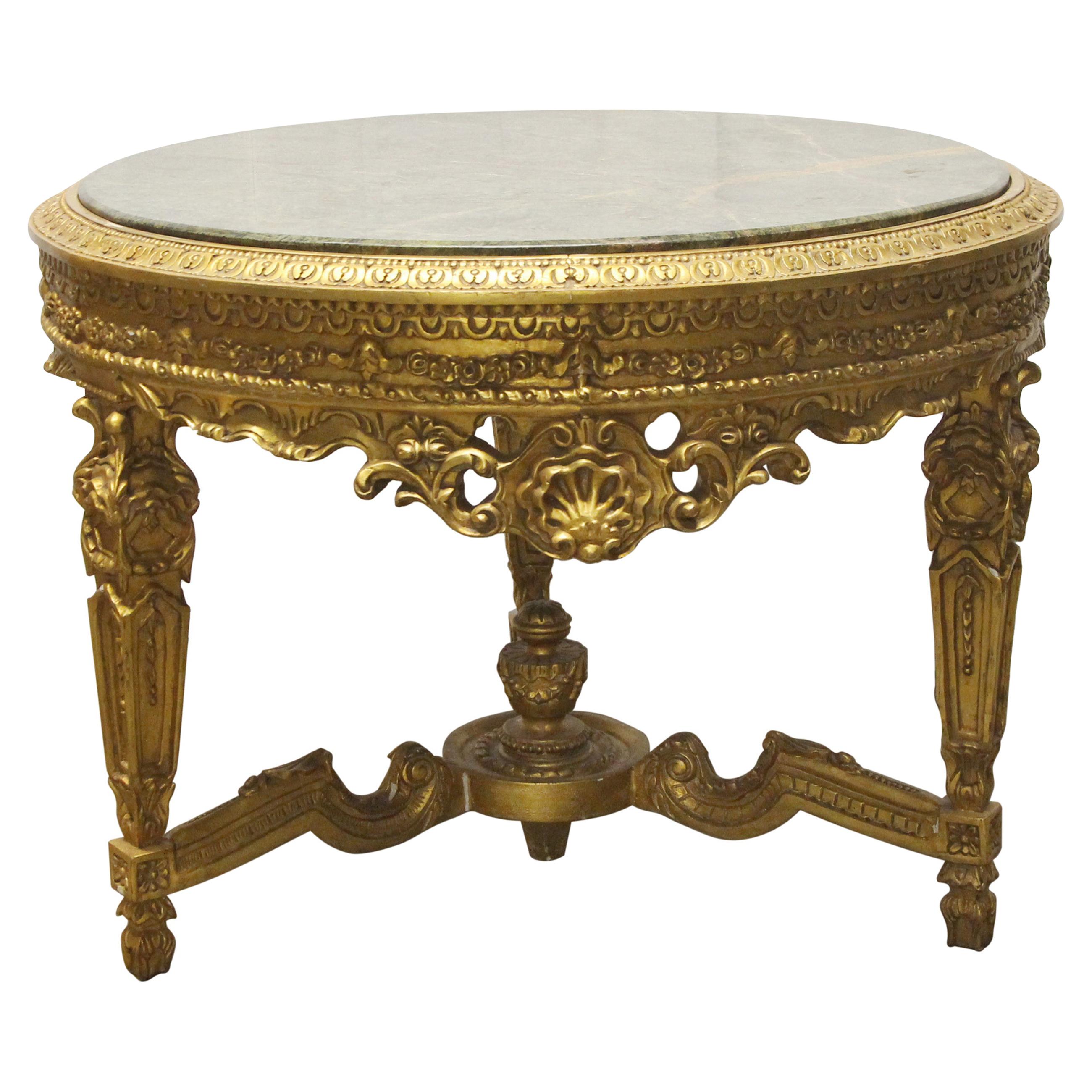 1980s Louis XVI Style Giltwood and Green Marble Round Table