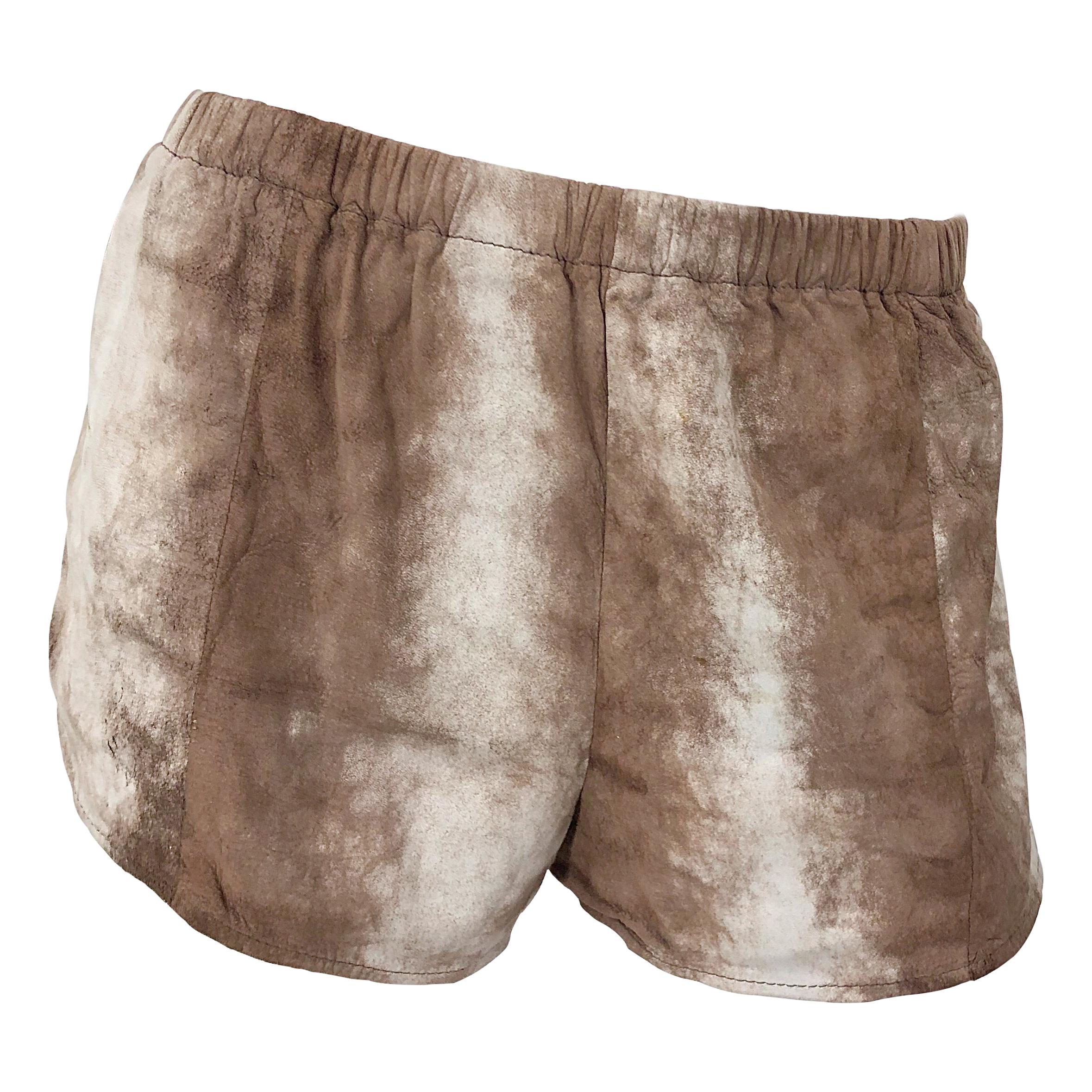 1980s Love, Melody Sabatasso Sheepskin Leather Brown Vintage 80s Hot Pant Shorts