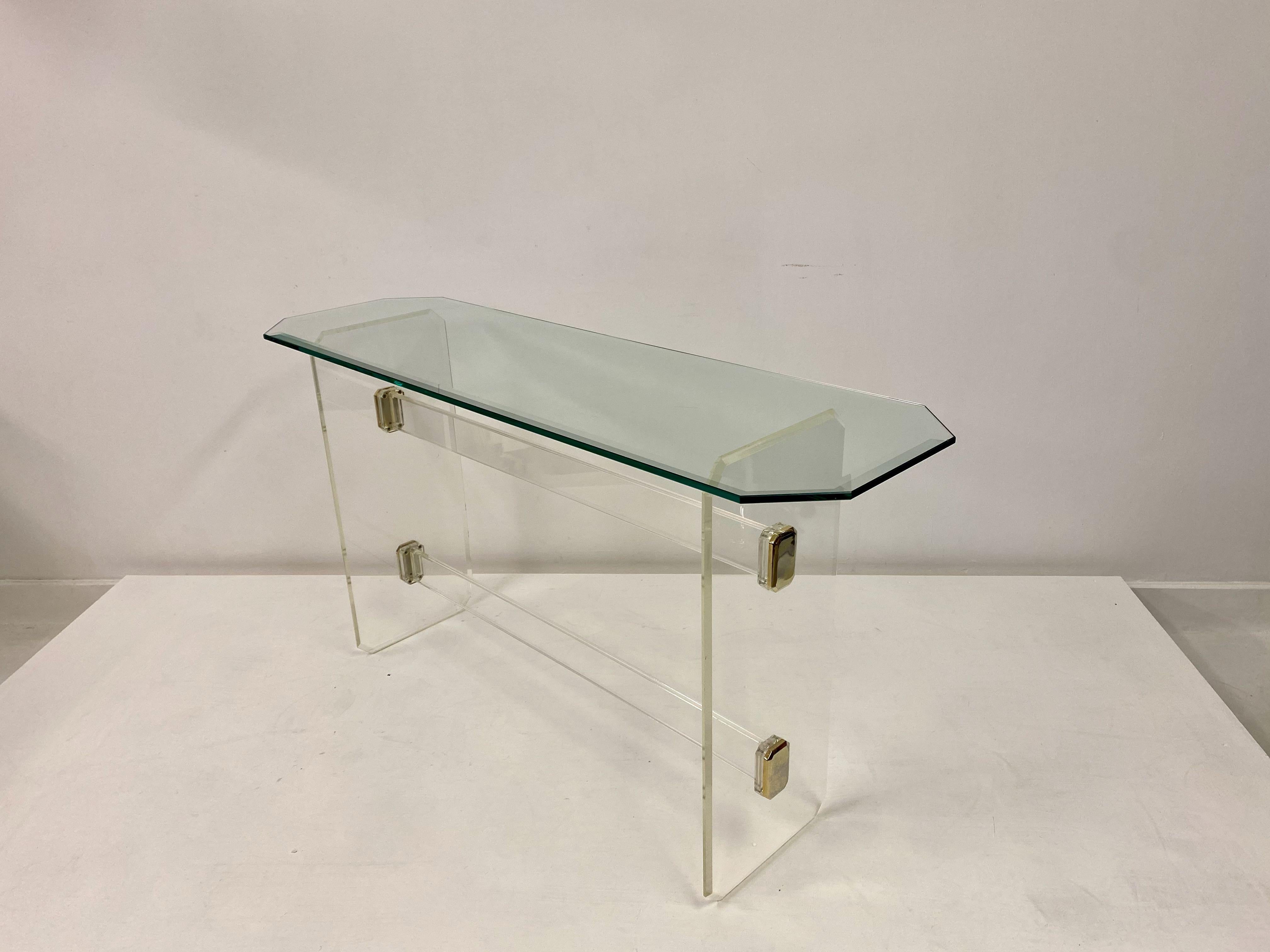 1980s Lucite and Brass Console Table 4