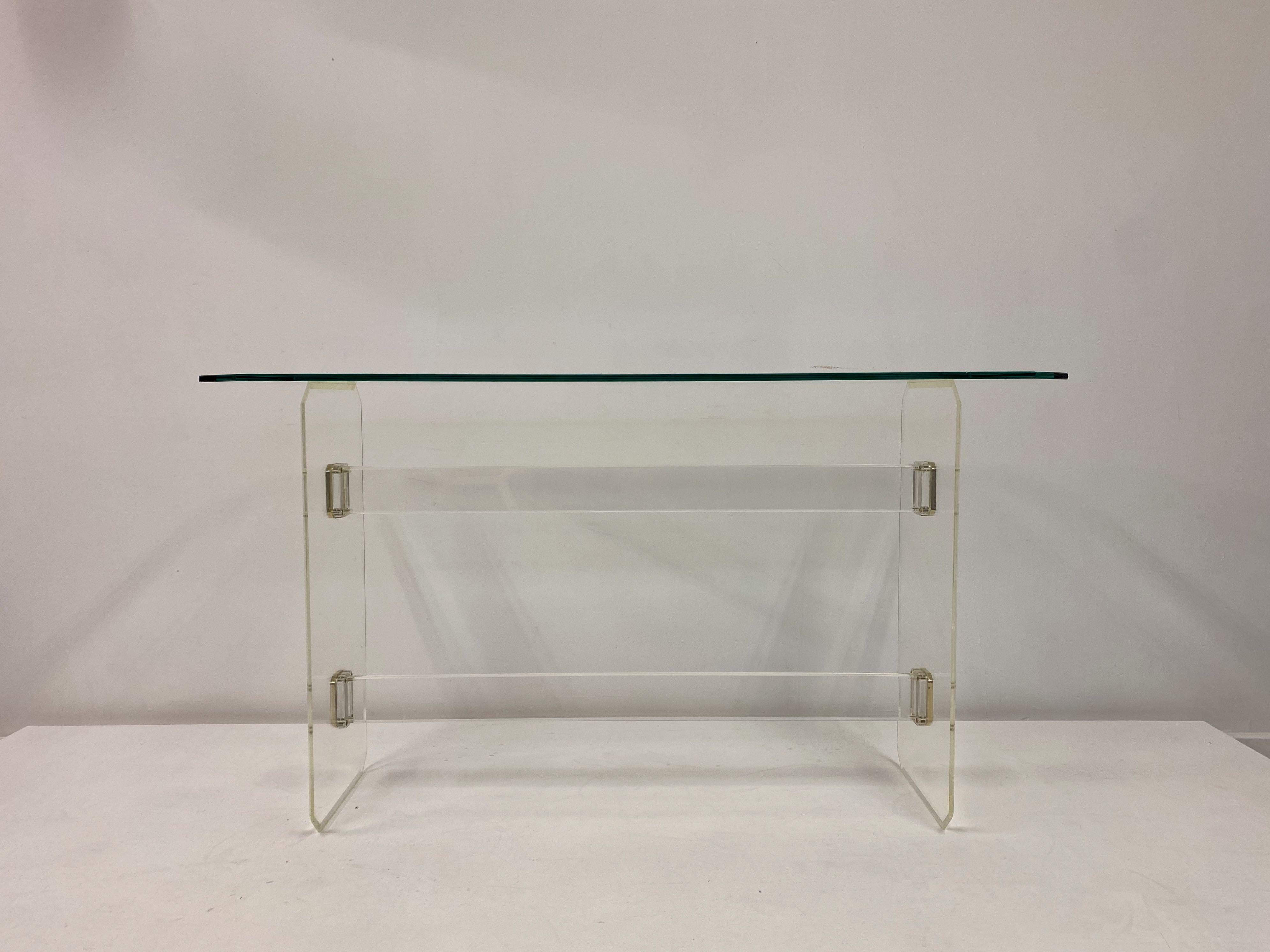 Hollywood Regency 1980s Lucite and Brass Console Table