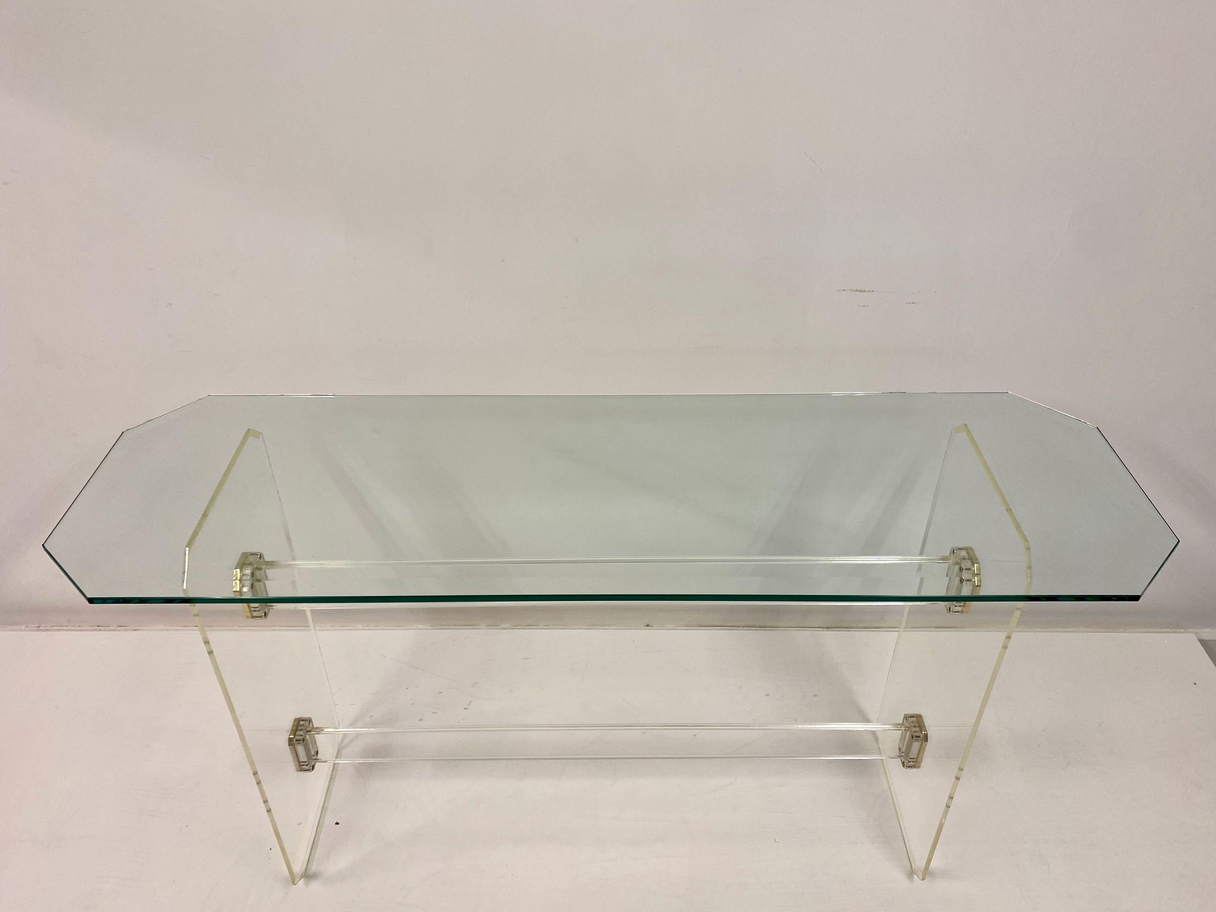Italian 1980s Lucite and Brass Console Table