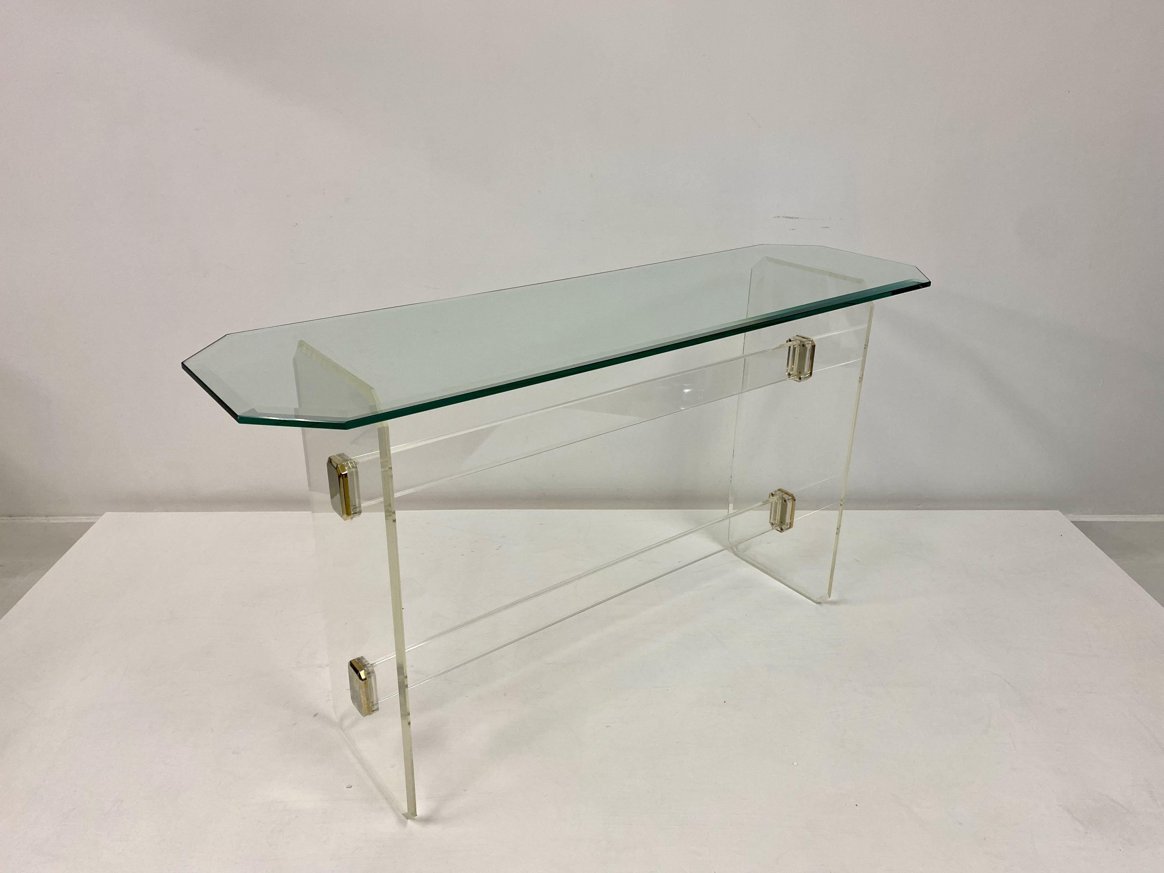 20th Century 1980s Lucite and Brass Console Table