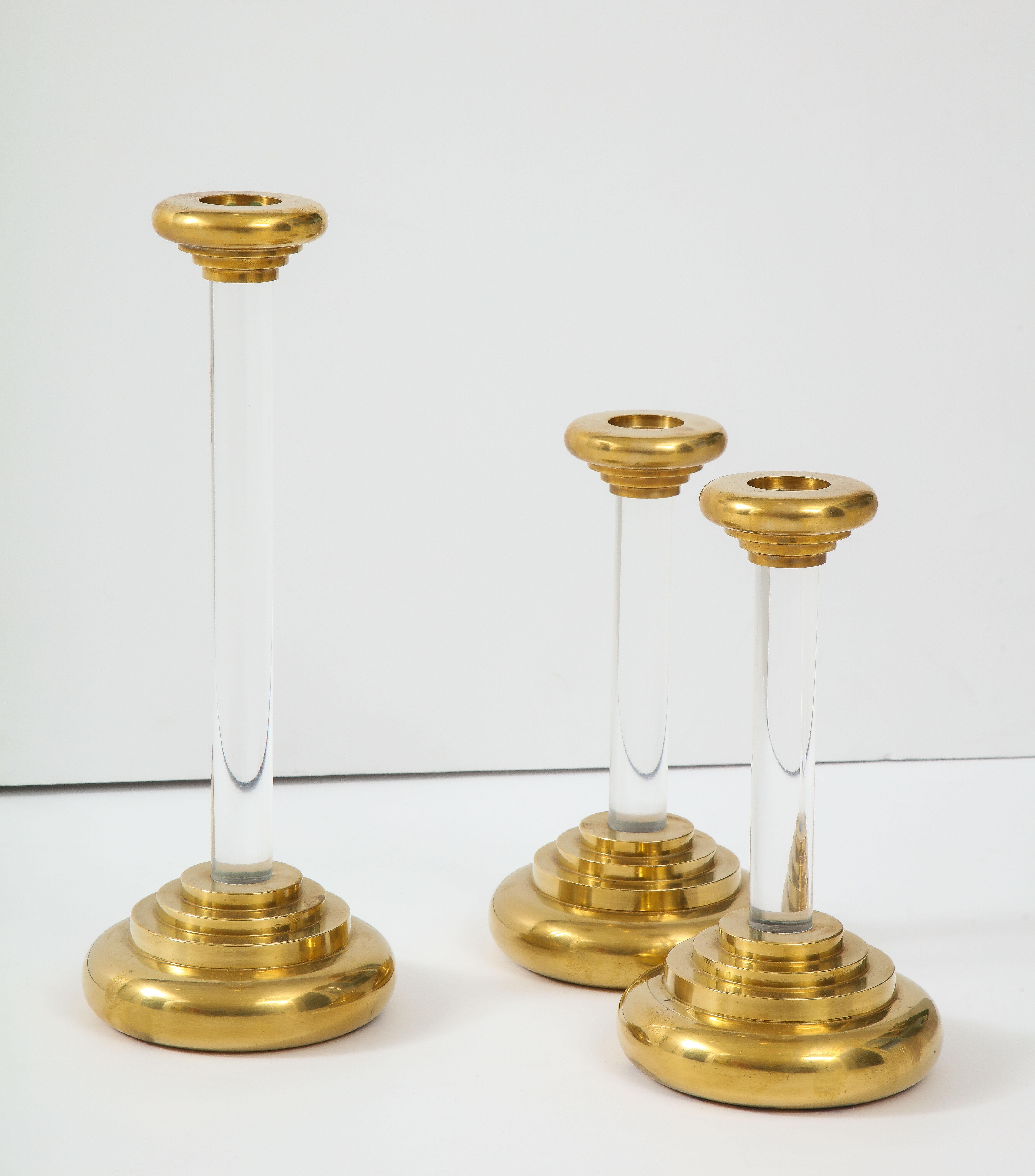 American 1980s Lucite and Brass Large Candleholders