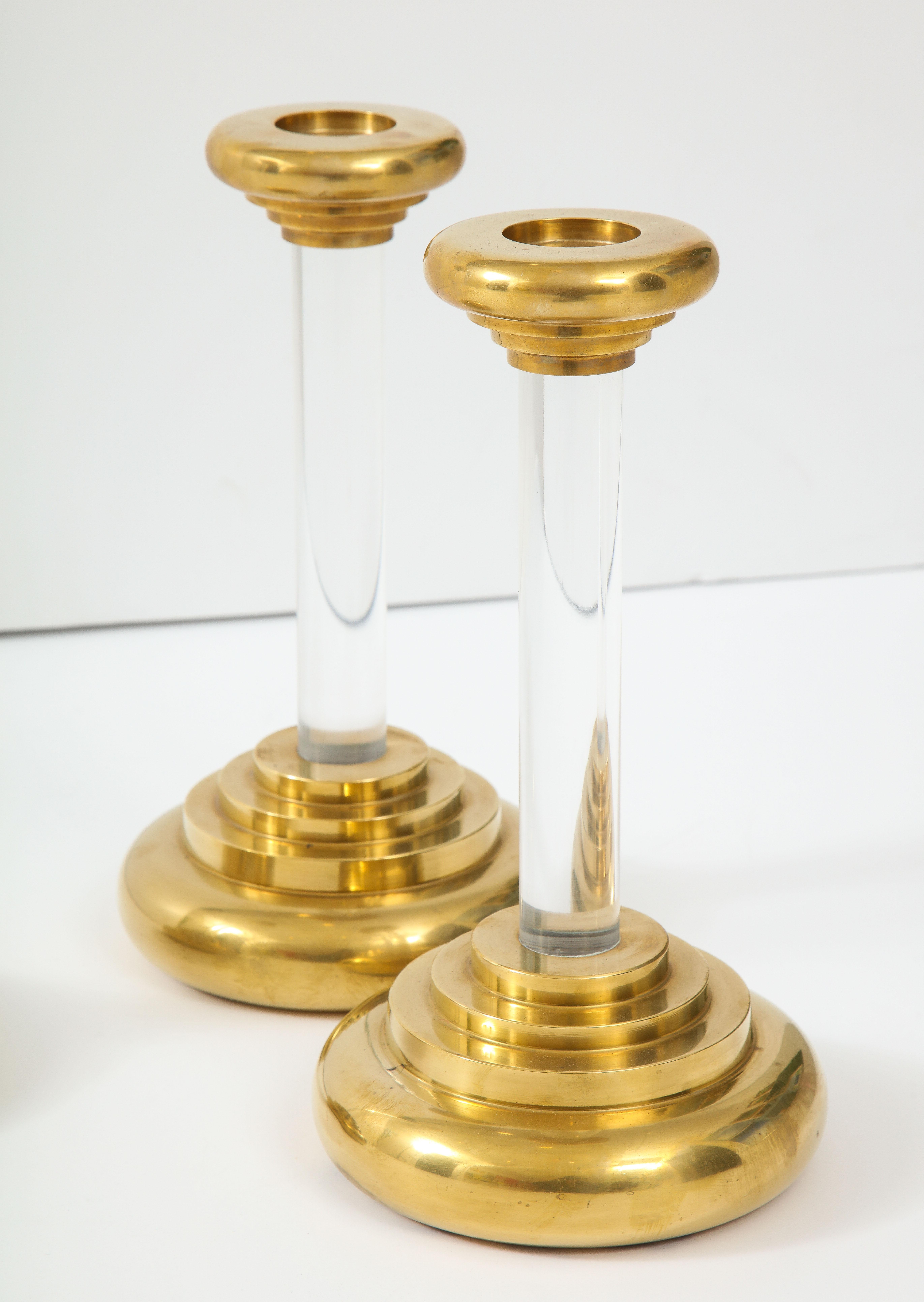 1980s Lucite and Brass Large Candleholders In Good Condition In New York, NY