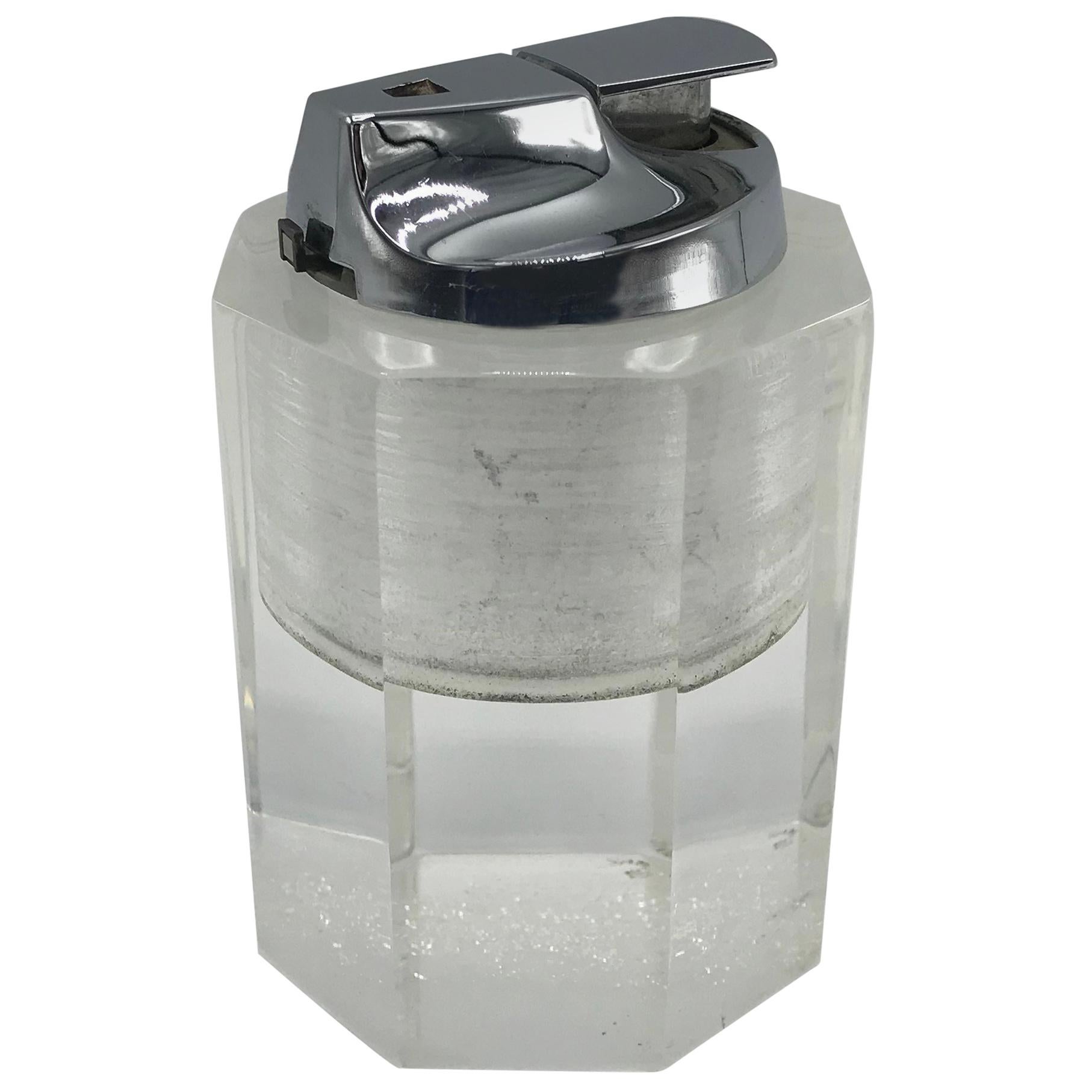 1980s Lucite and Chrome Octagon Shaped Tabletop Lighter For Sale