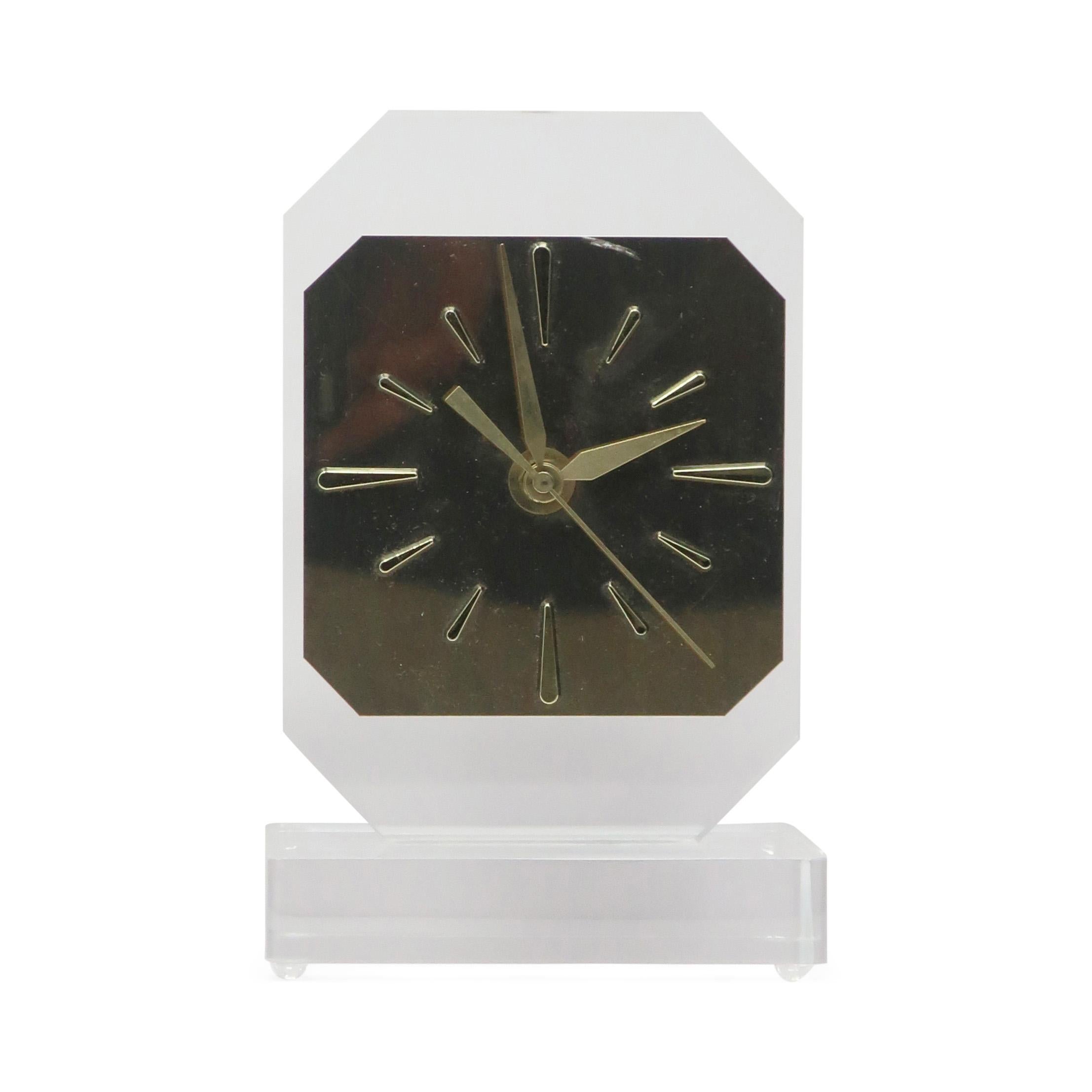 Post-Modern 1980s Lucite & Brass Table Clock For Sale