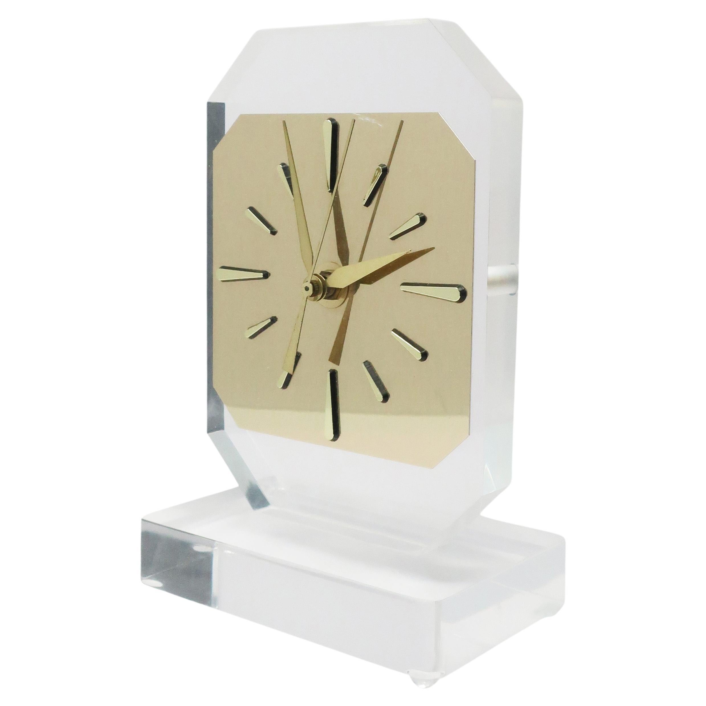 1980s Lucite & Brass Table Clock For Sale