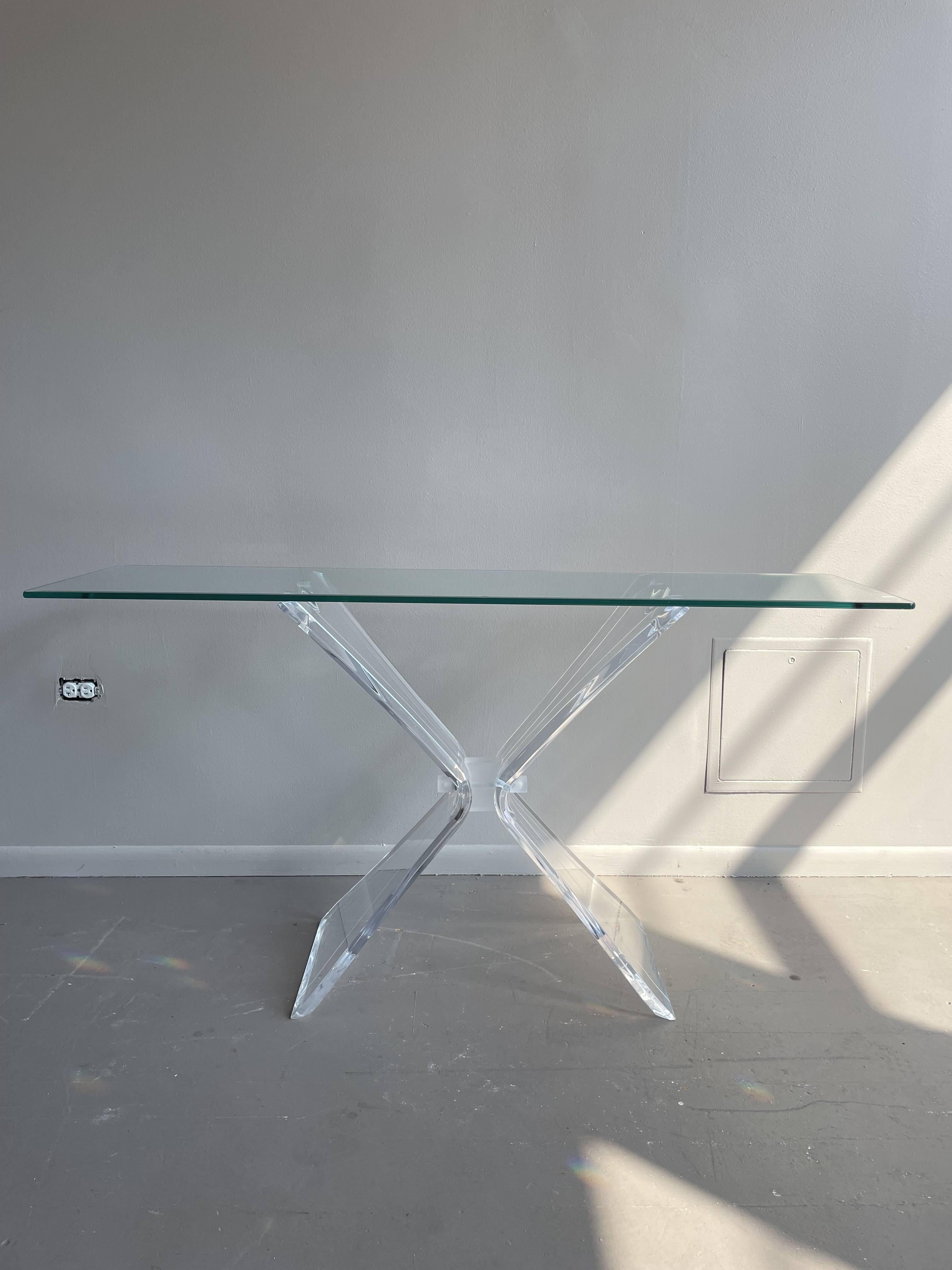 Post-Modern 1980s Lucite Console Table with Glass Top Post Modern