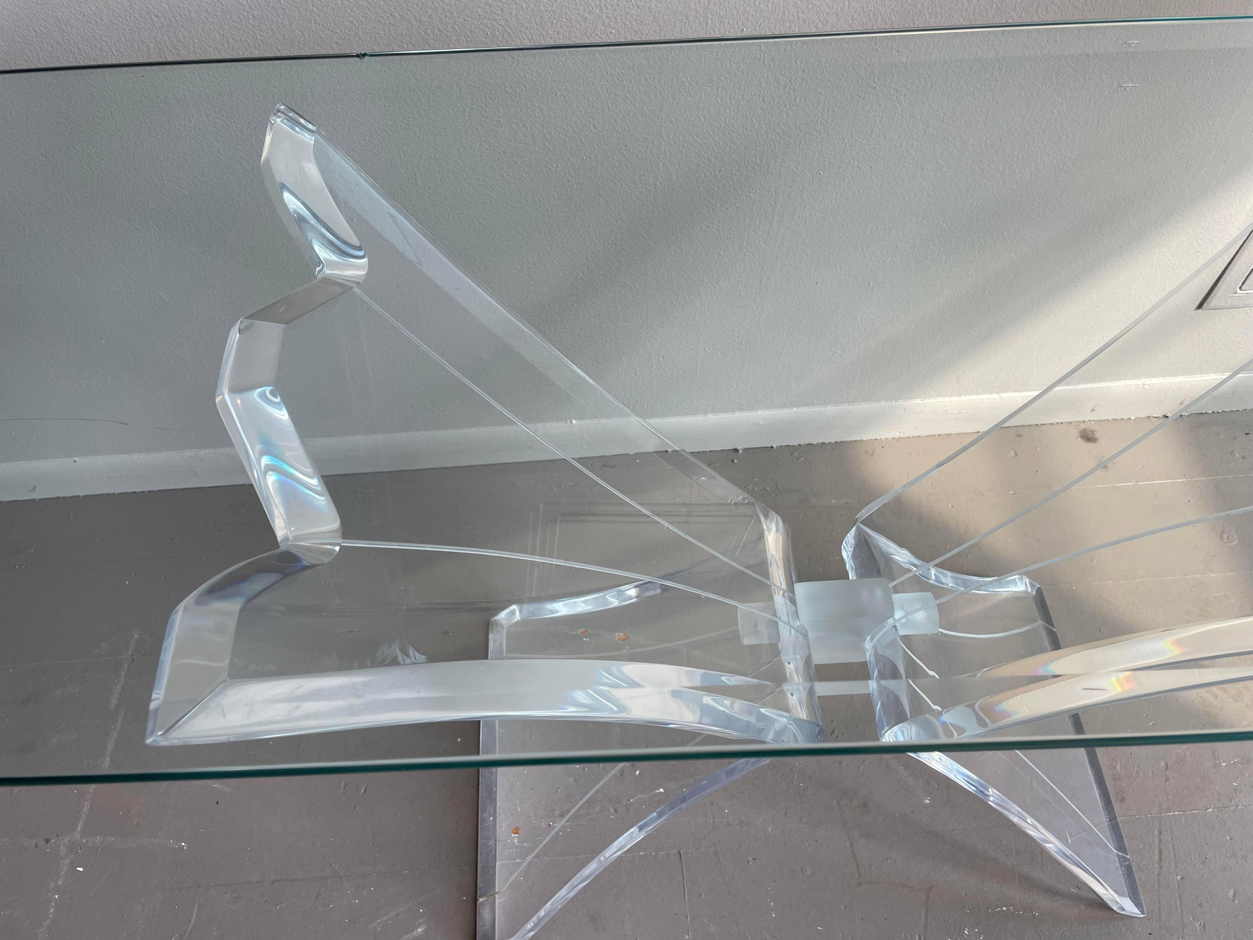 1980s Lucite Console Table with Glass Top Post Modern In Good Condition In Chicago, IL