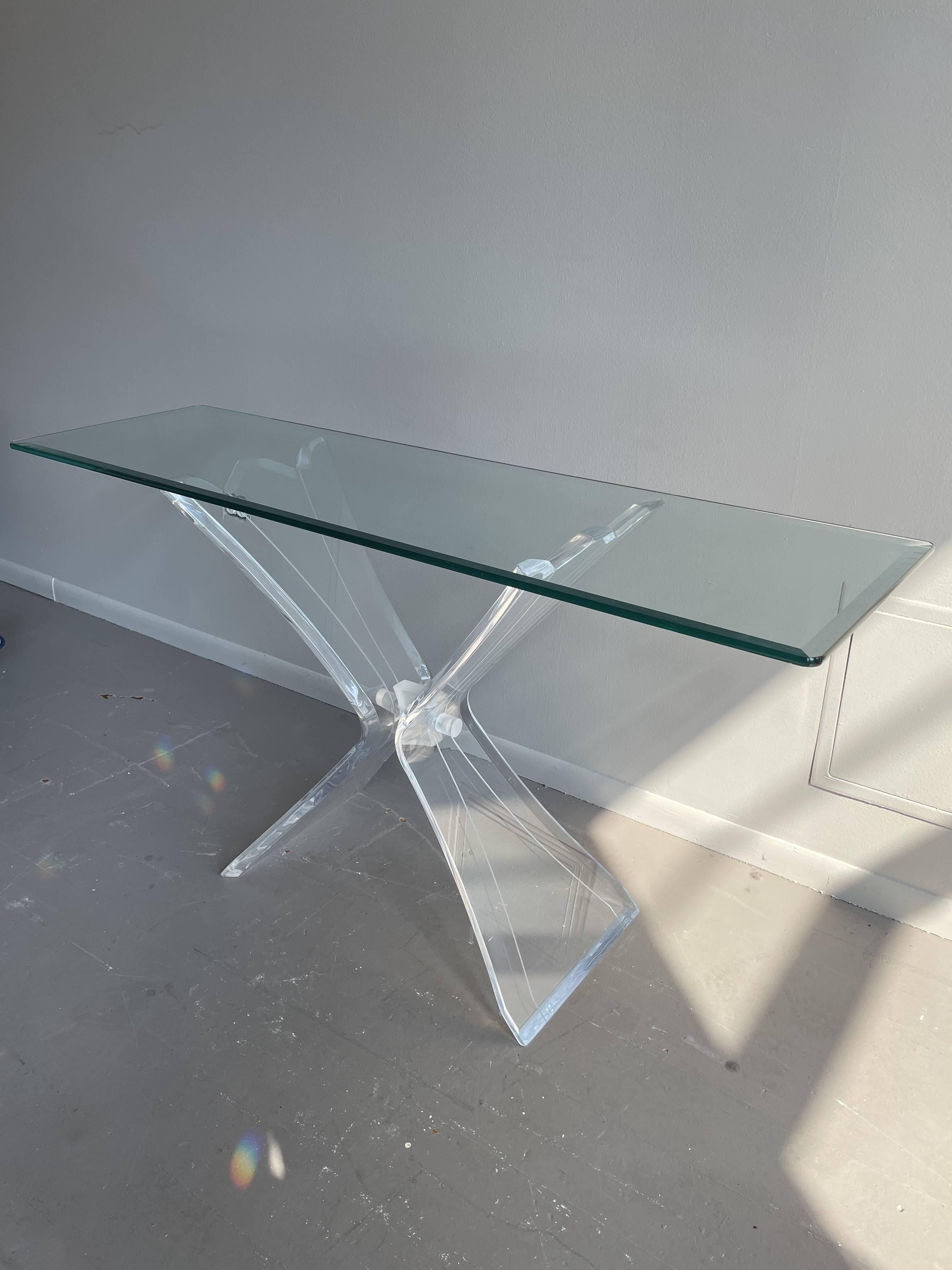 20th Century 1980s Lucite Console Table with Glass Top Post Modern