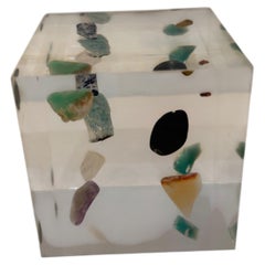 1980's Lucite Cube with suspended Stones Geode & Minerals