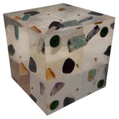 1980's Lucite Cube with suspended Stones Geode & Minerals