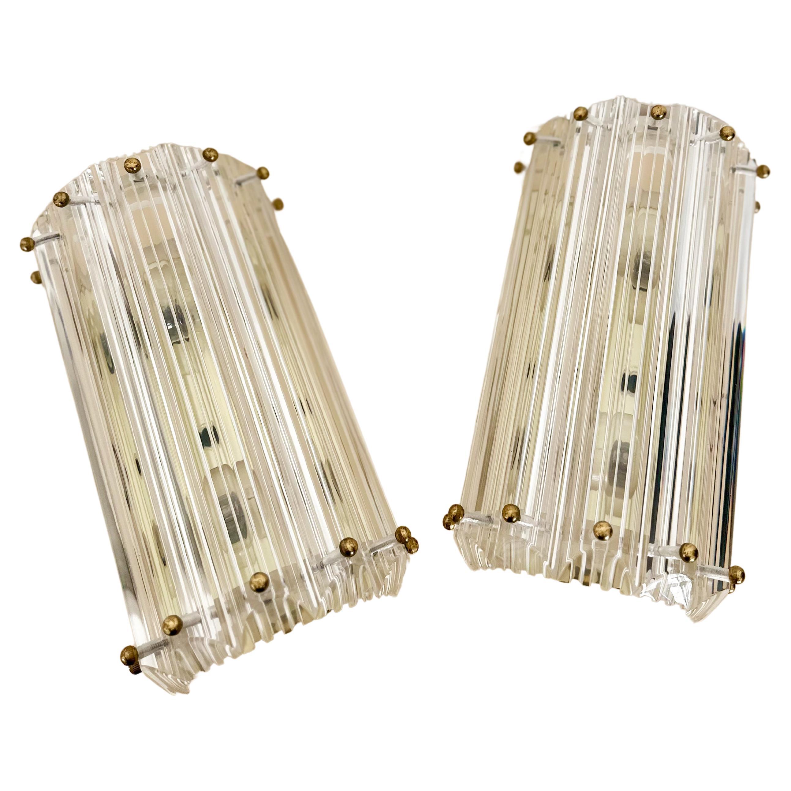 1980s Lucite Prism Wall Mounted Sconces with Brass Details - a pair