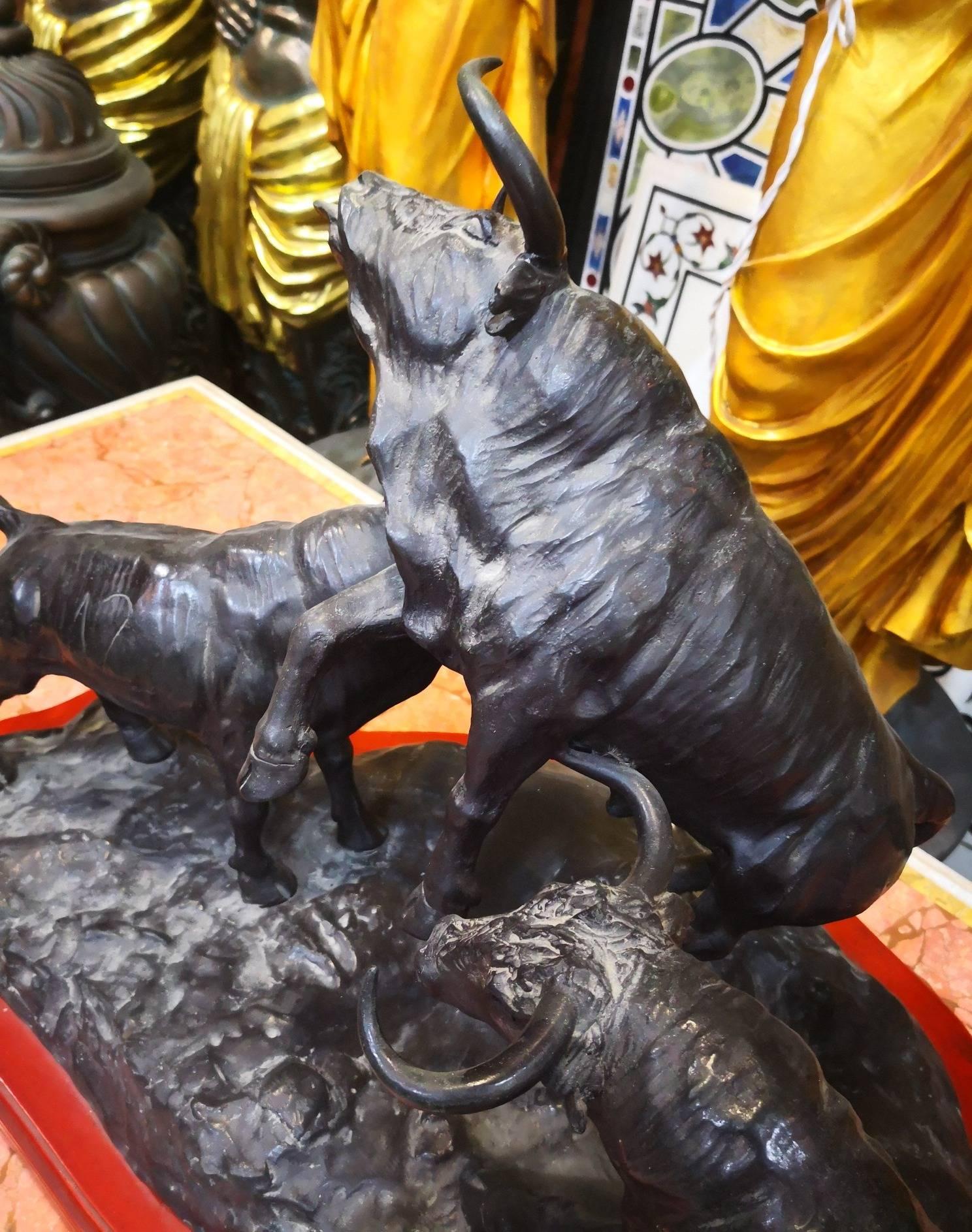 Spanish 1980s Luis Moreno Three Fighting Bulls Bronze Sculpture