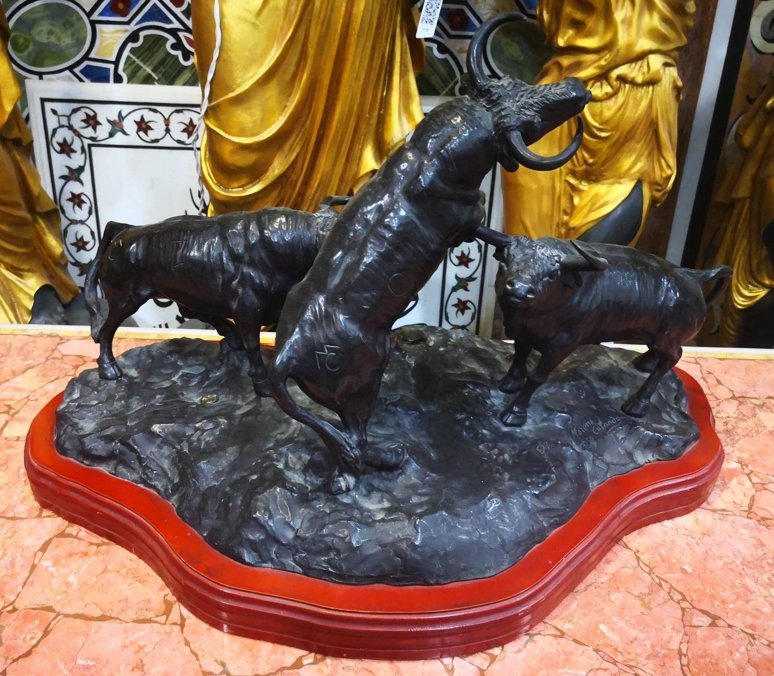 20th Century 1980s Luis Moreno Three Fighting Bulls Bronze Sculpture