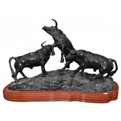 1980s Luis Moreno Three Fighting Bulls Bronze Sculpture