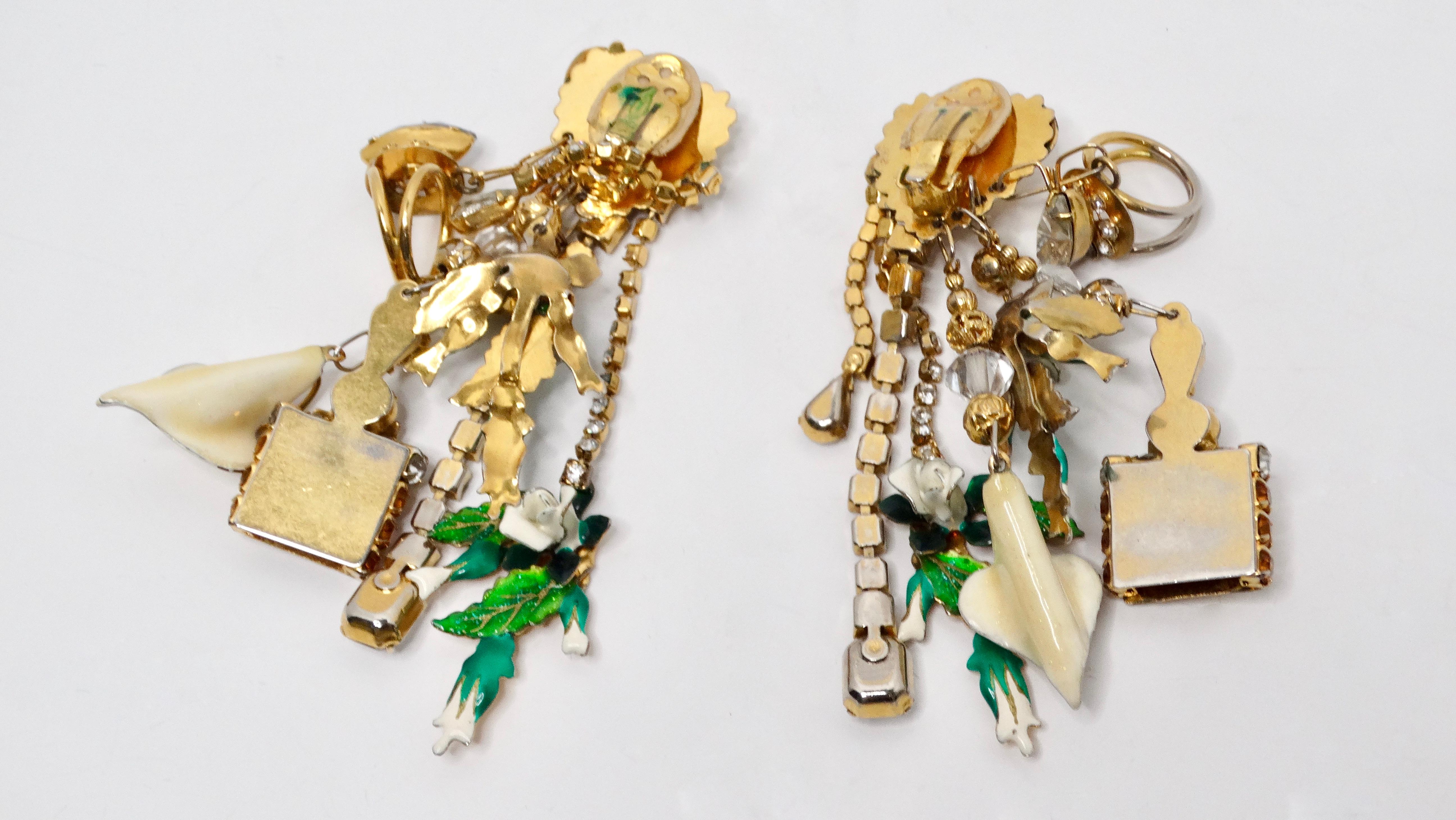 1980s Lunch At The Ritz Maximalist Charm Dangle Earrings For Sale 1