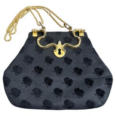 1980s Luxury Black Fabric and Brass Italian Top Hand Bag by Roberta di Camerino