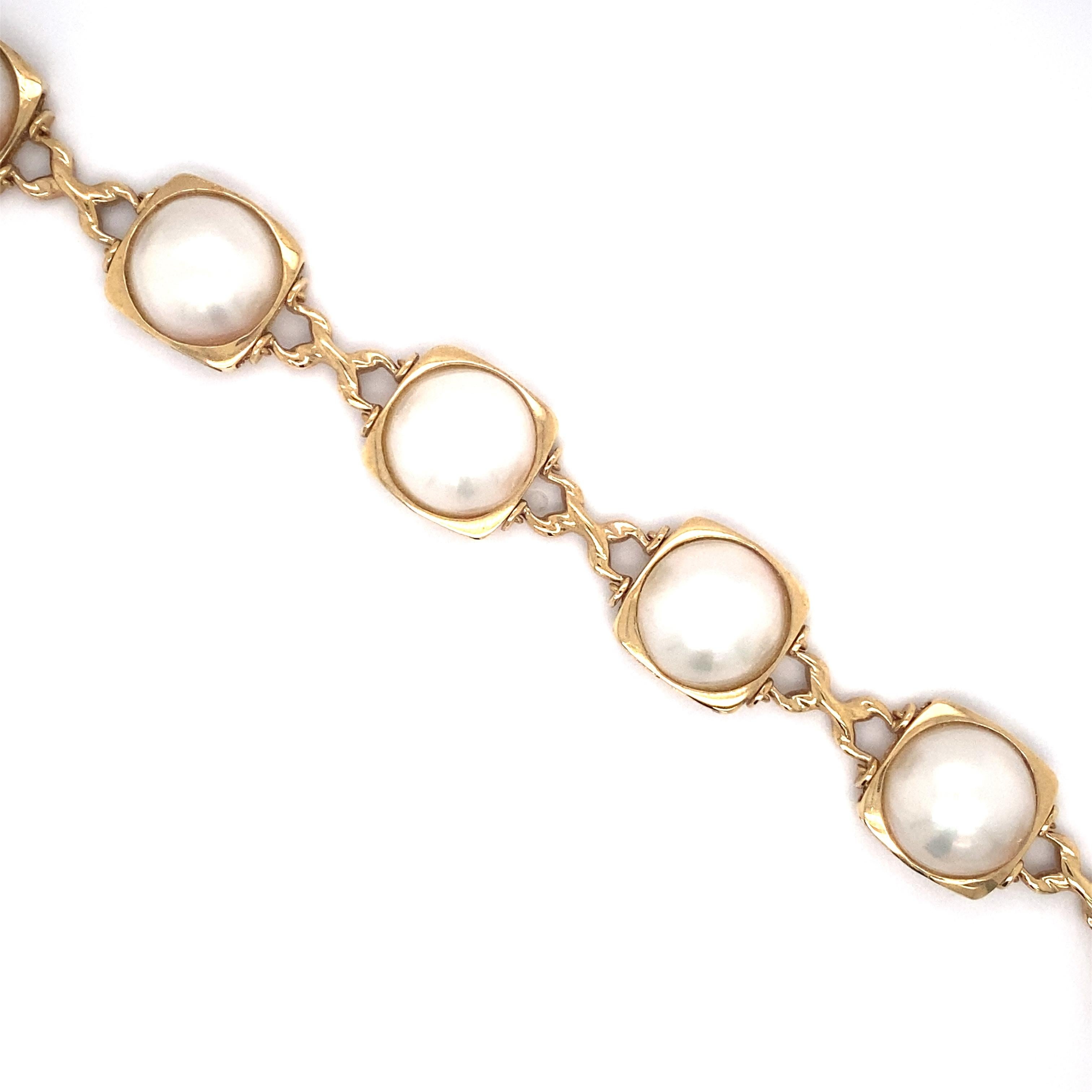 Retro 1980s Mabe Pearl Link Bracelet in 14 Karat Gold