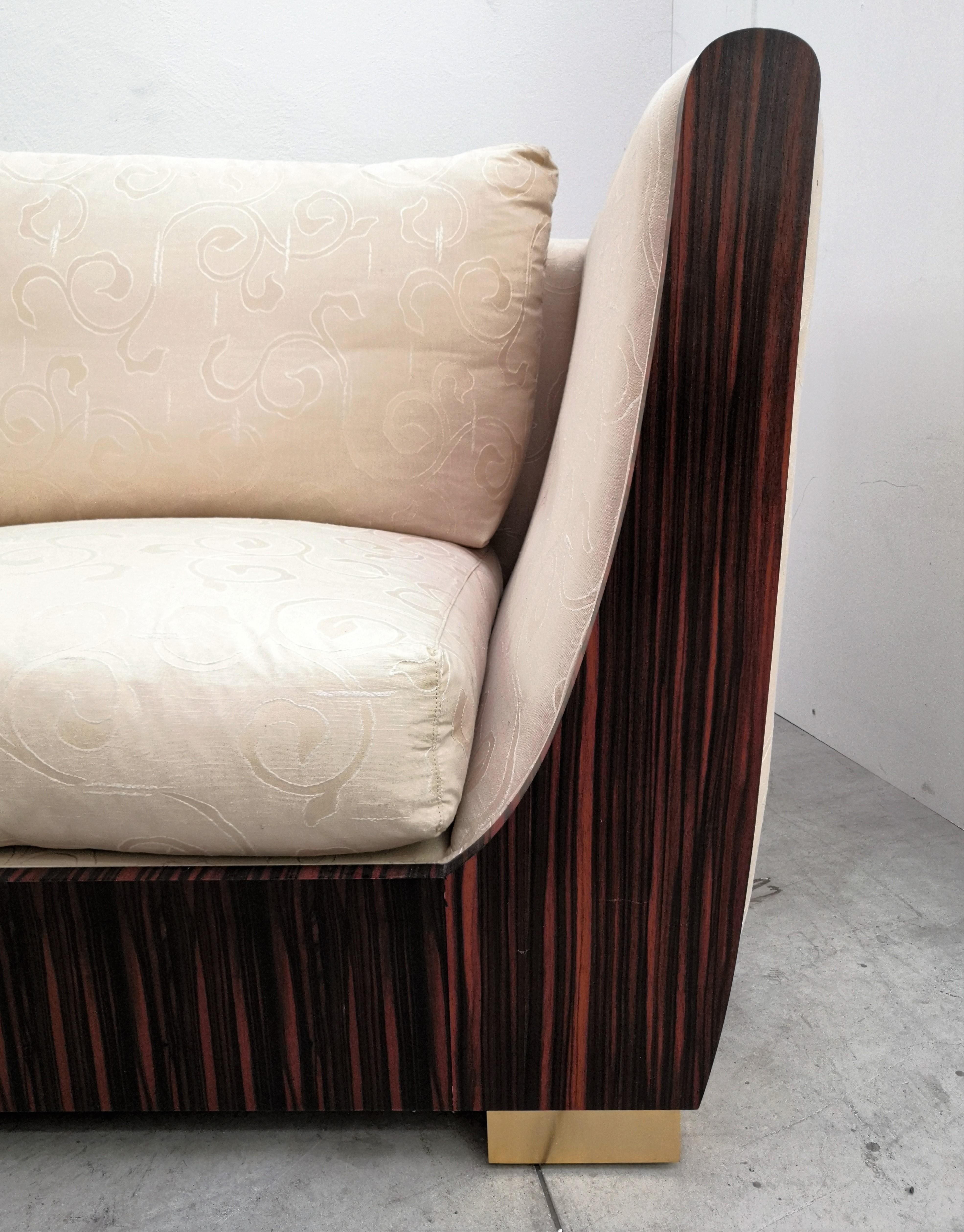 Italian 1980s Macassar Ebony and Brass Art Deco 3 Seat Sofa For Sale