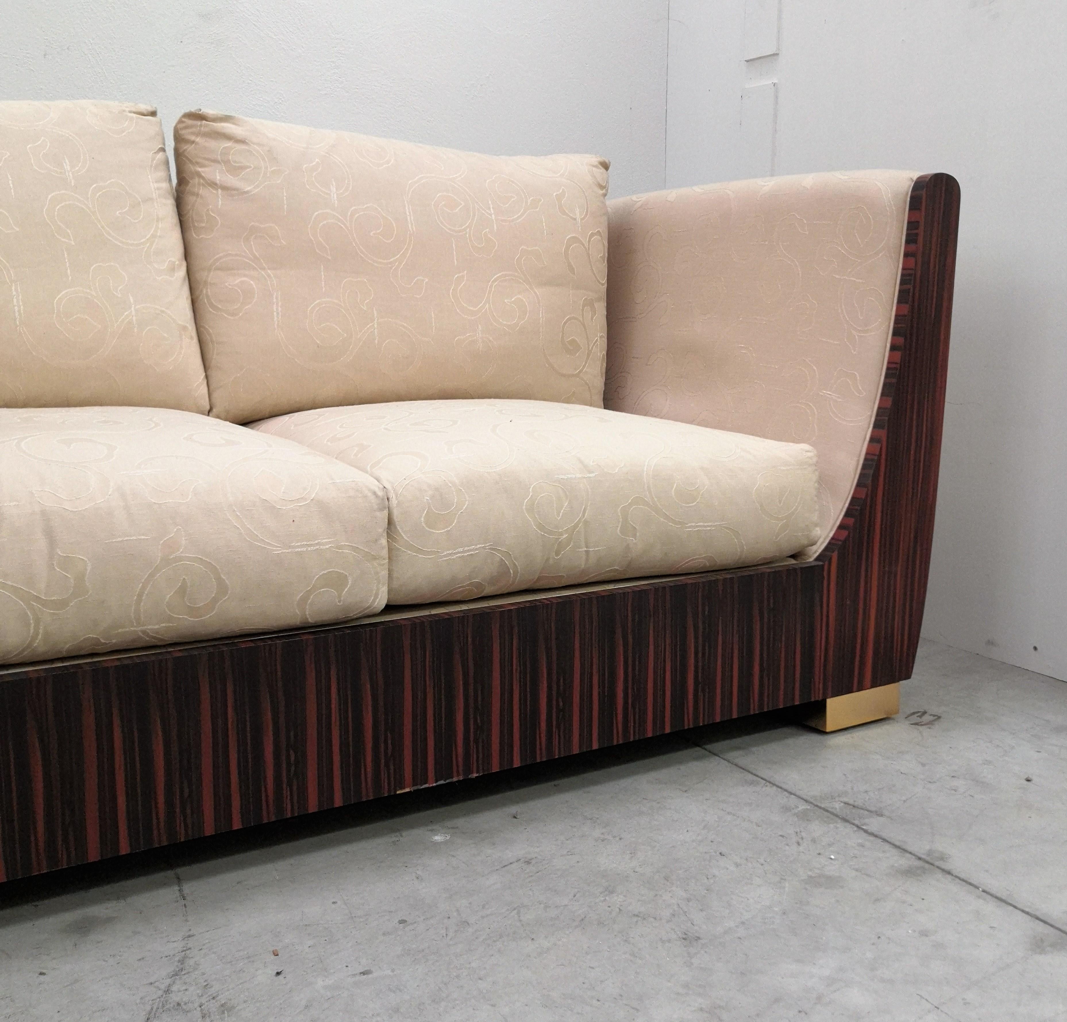 Other 1980s Macassar Ebony and Brass Art Deco 3 Seat Sofa For Sale