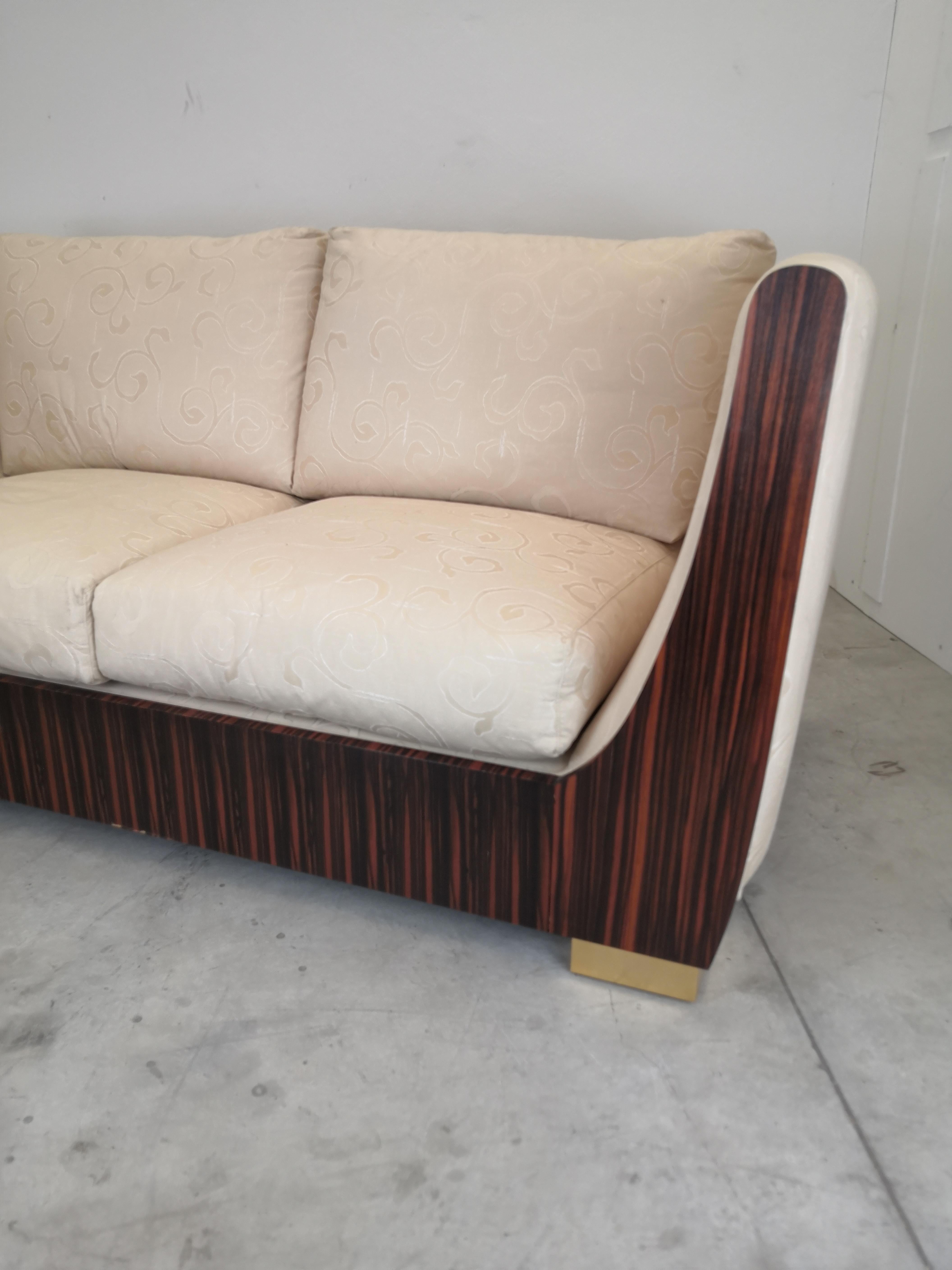 Canvas 1980s Macassar Ebony and Brass Art Deco 3 Seat Sofa For Sale