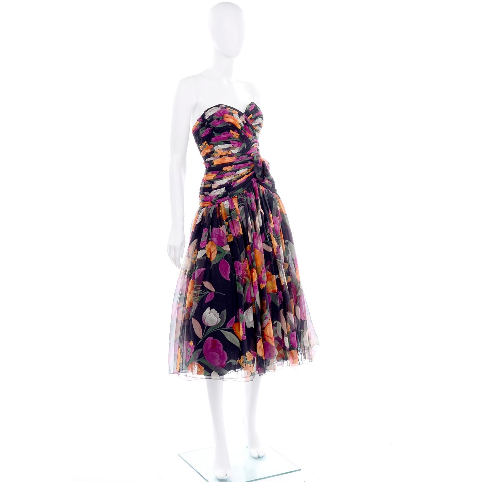 1980s Made in France Saks Fifth Avenue Vintage Silk Chiffon Strapless Dress In Good Condition For Sale In Portland, OR