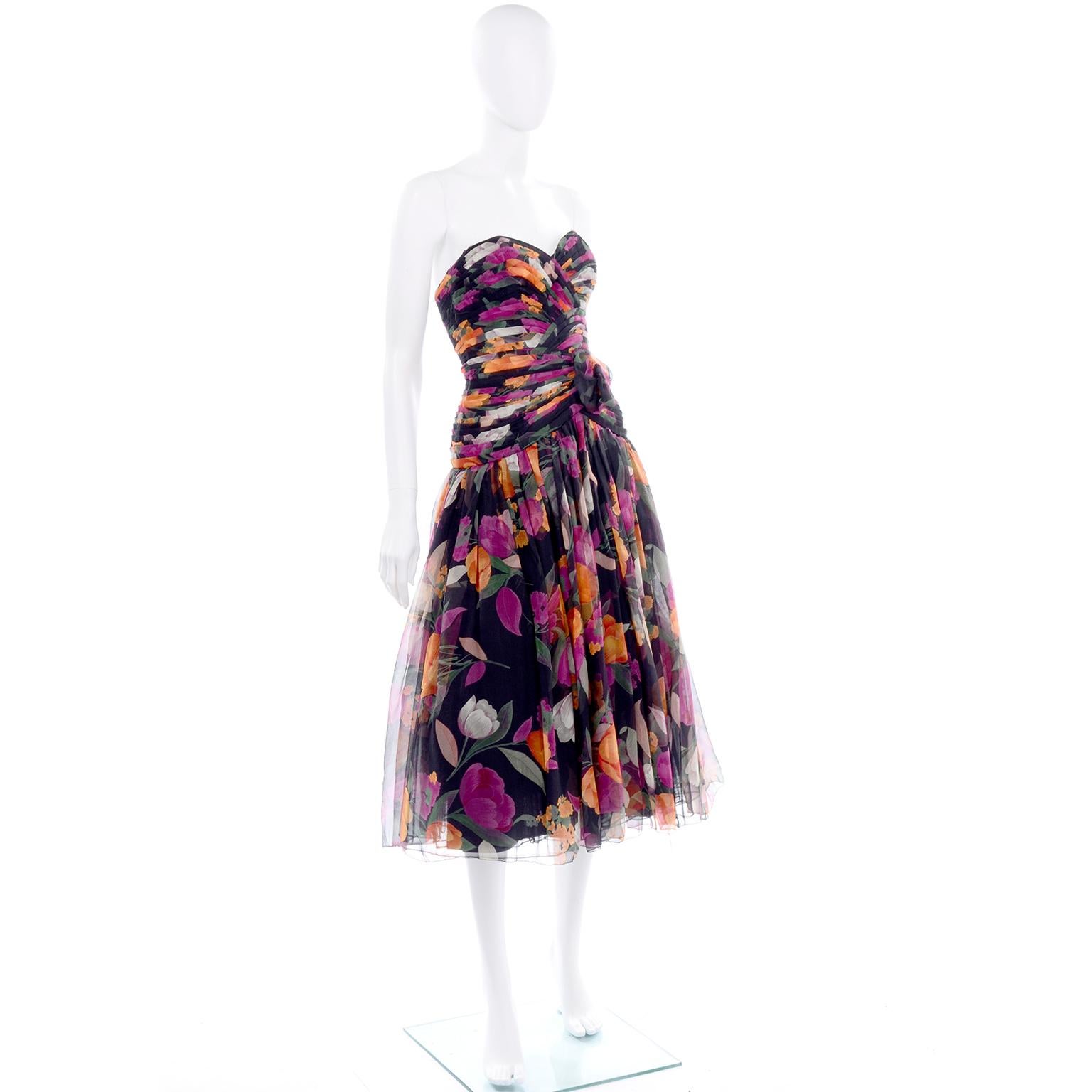 1980s Made in France Saks Fifth Avenue Vintage Silk Chiffon Strapless Dress In Good Condition In Portland, OR