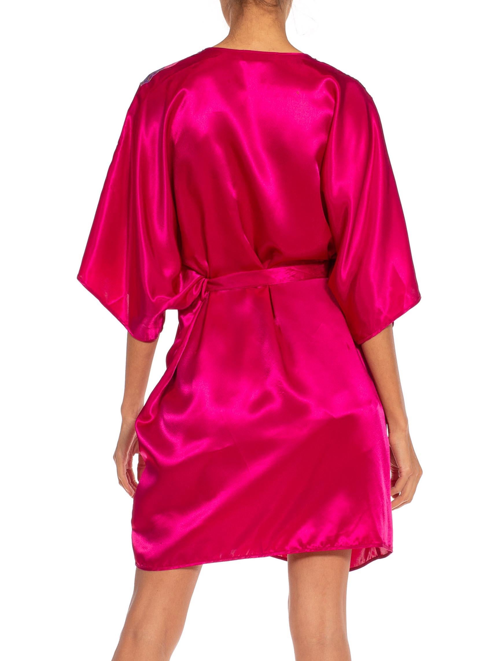 1980S Magenta Polyester Satin Lace Shoulder Trim Robe For Sale 3