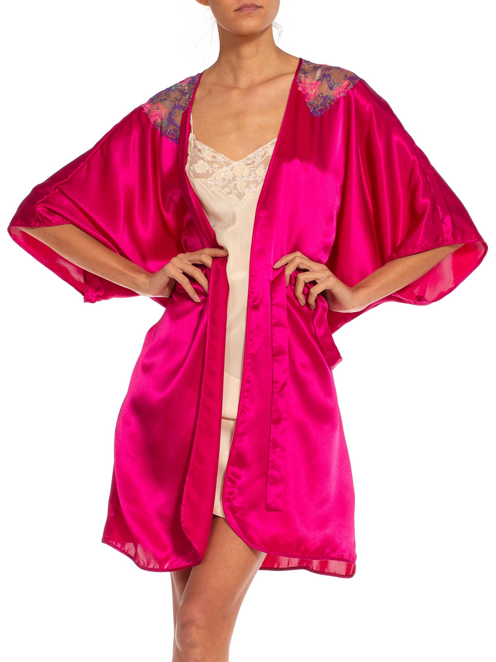 Red 1980S Magenta Polyester Satin Lace Shoulder Trim Robe For Sale