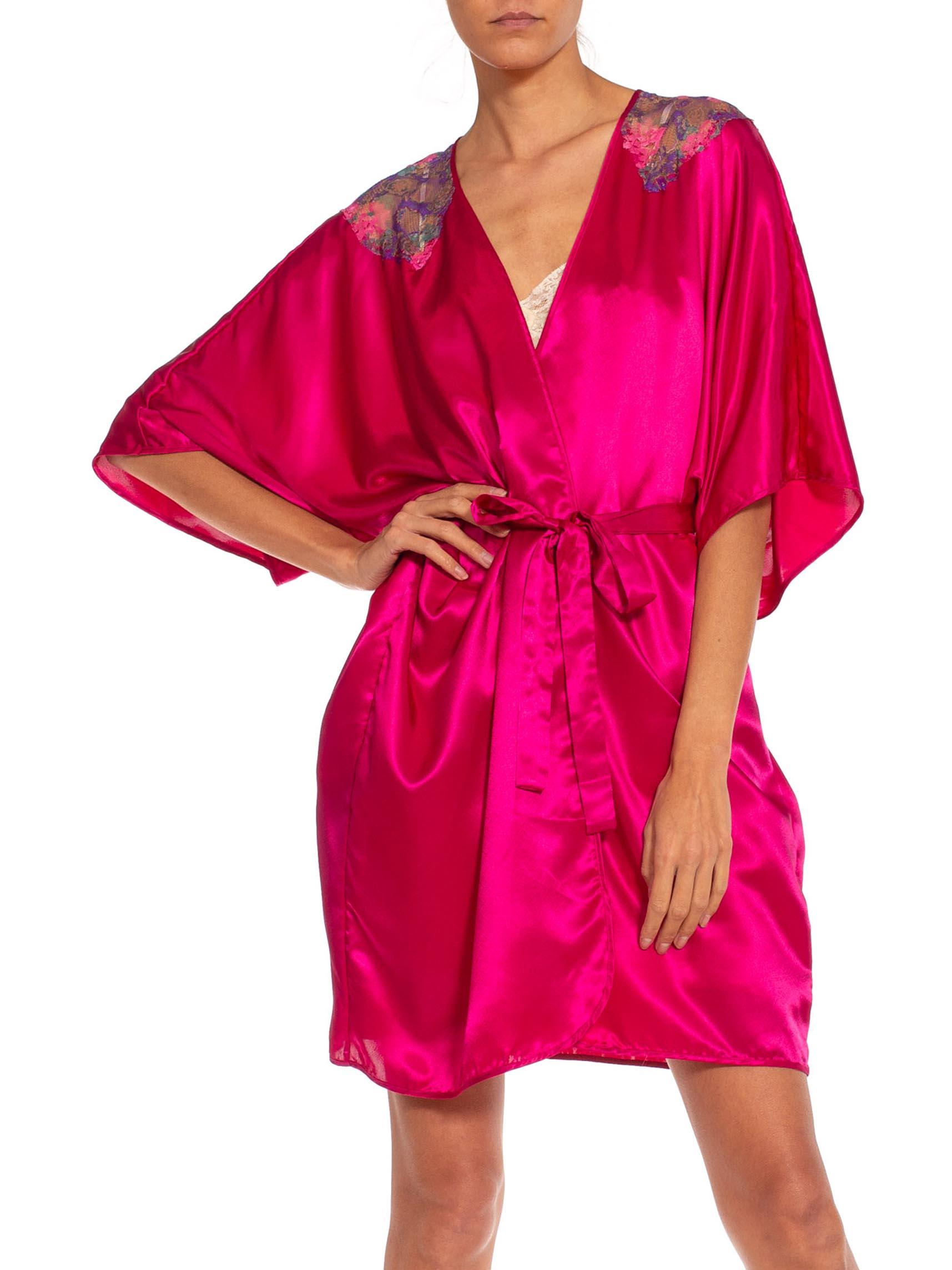 Women's 1980S Magenta Polyester Satin Lace Shoulder Trim Robe For Sale