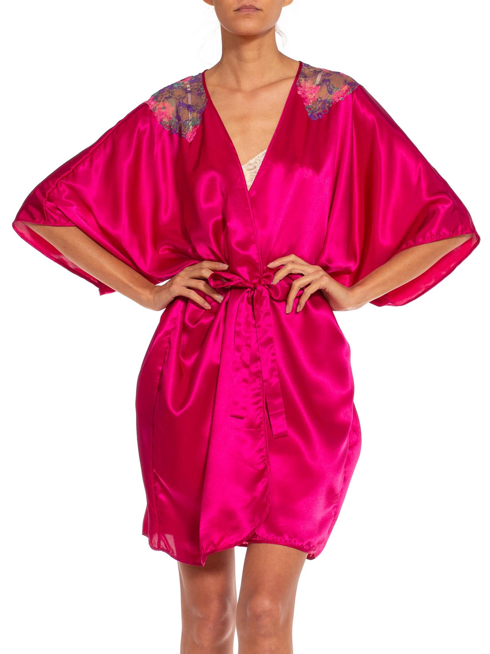 1980S Magenta Polyester Satin Lace Shoulder Trim Robe For Sale 1