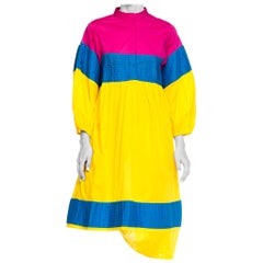 1980S Magenta & Yellow Cotton Colorblocked Dress With Pleated Panels