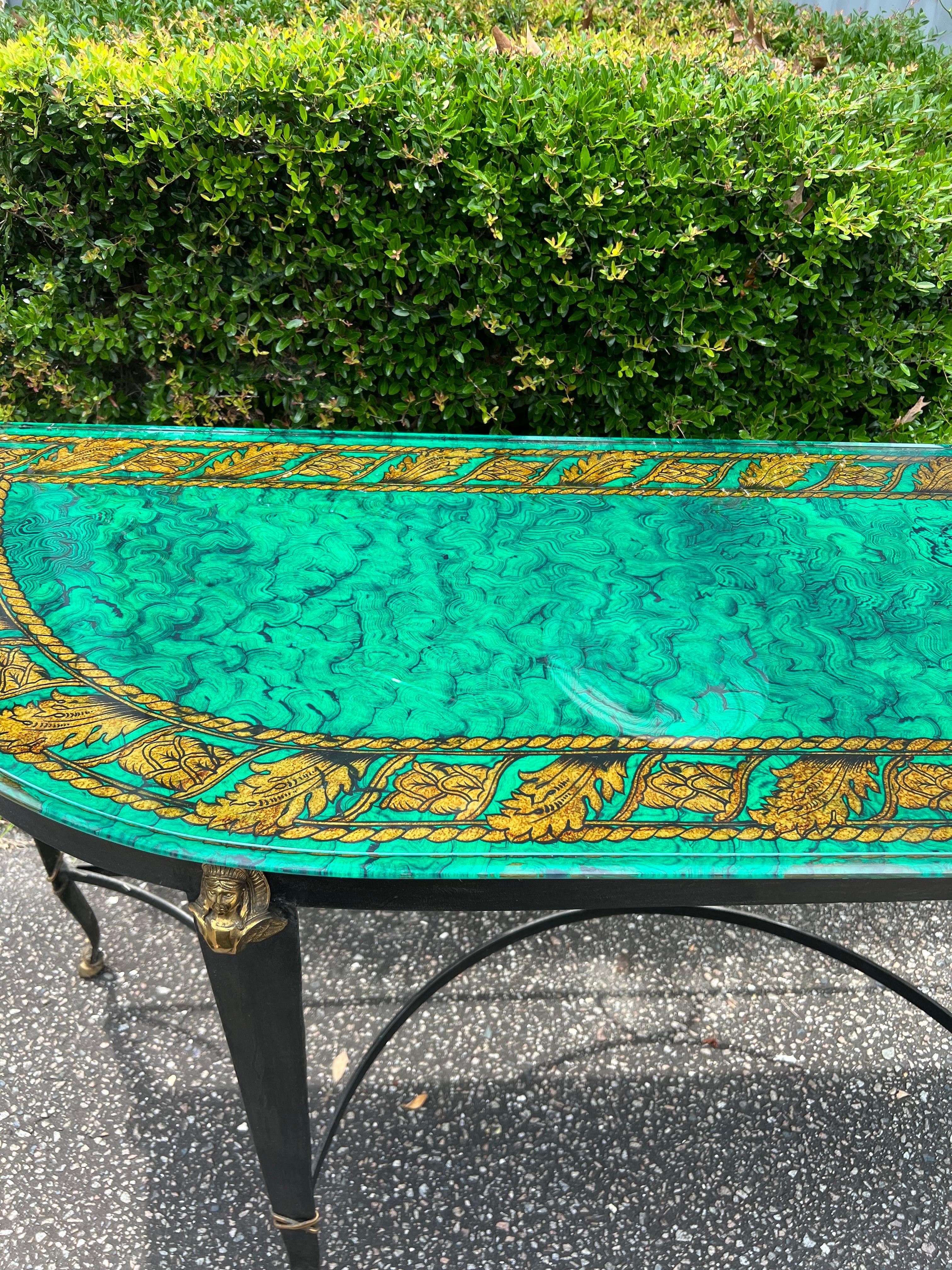 1980s Mailtland-Smith Regency Faux Malachite and Iron Hoofed Console Table In Good Condition For Sale In Charleston, SC