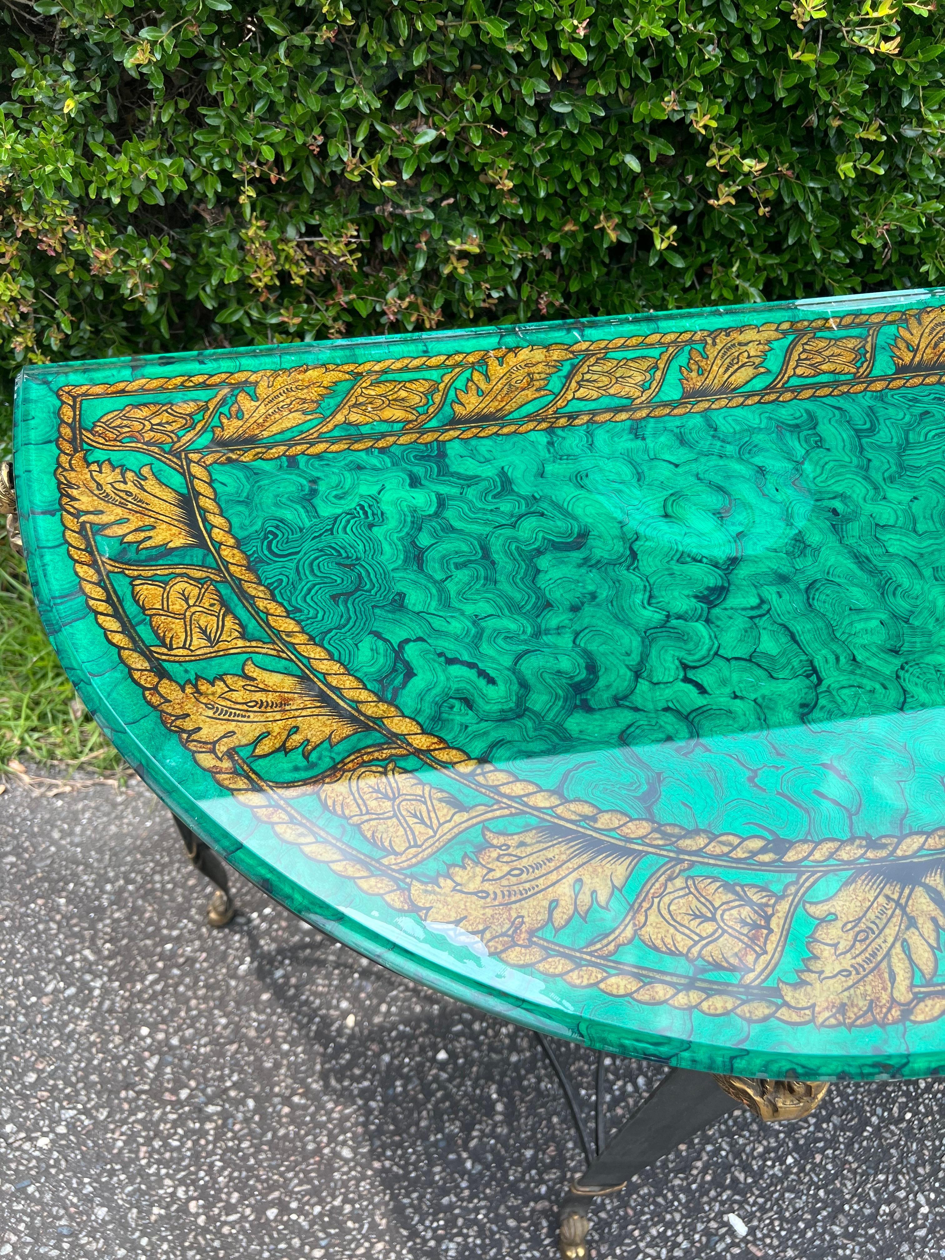 Late 20th Century 1980s Mailtland-Smith Regency Faux Malachite and Iron Hoofed Console Table For Sale