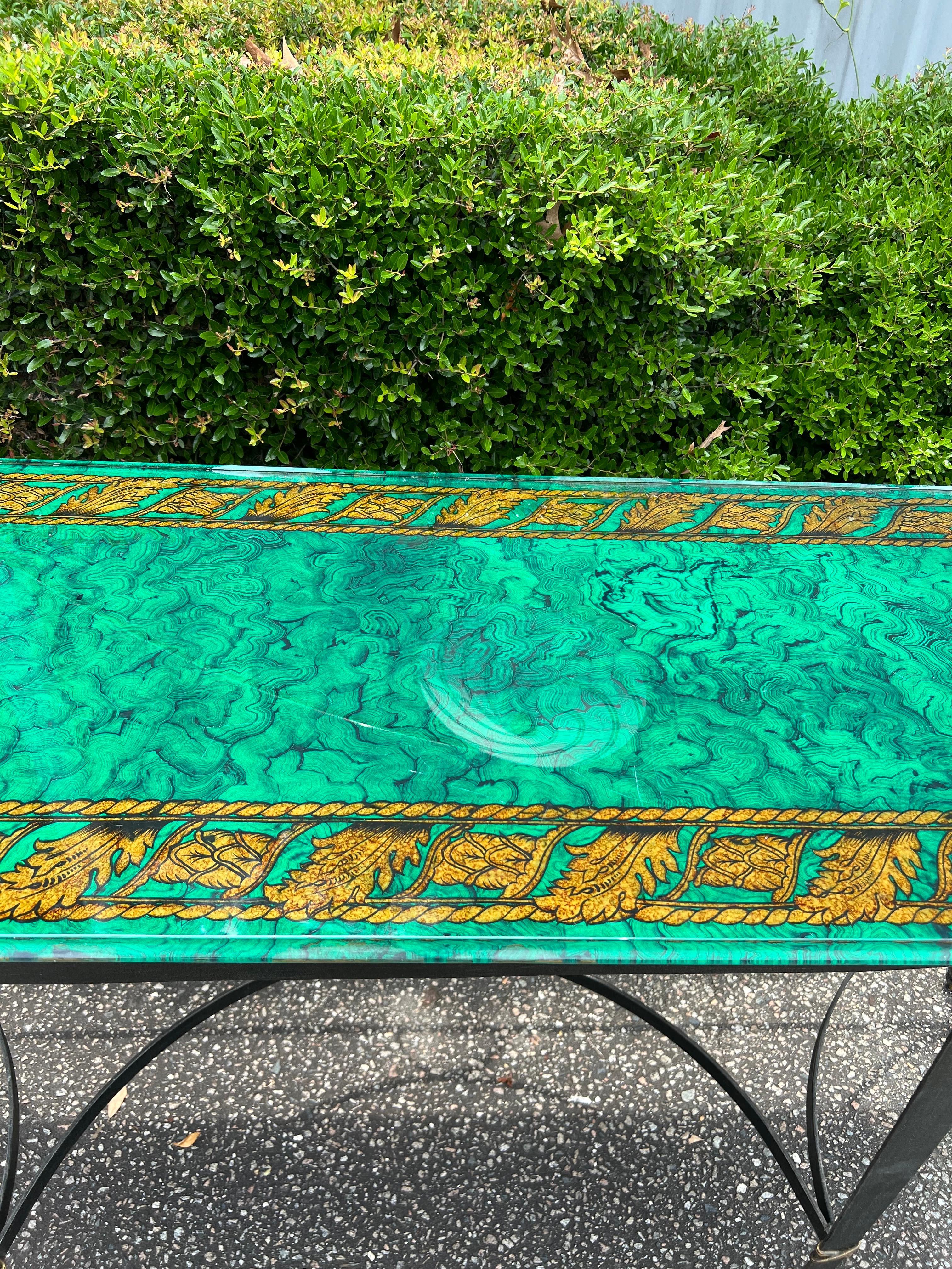 Gold Leaf 1980s Mailtland-Smith Regency Faux Malachite and Iron Hoofed Console Table For Sale