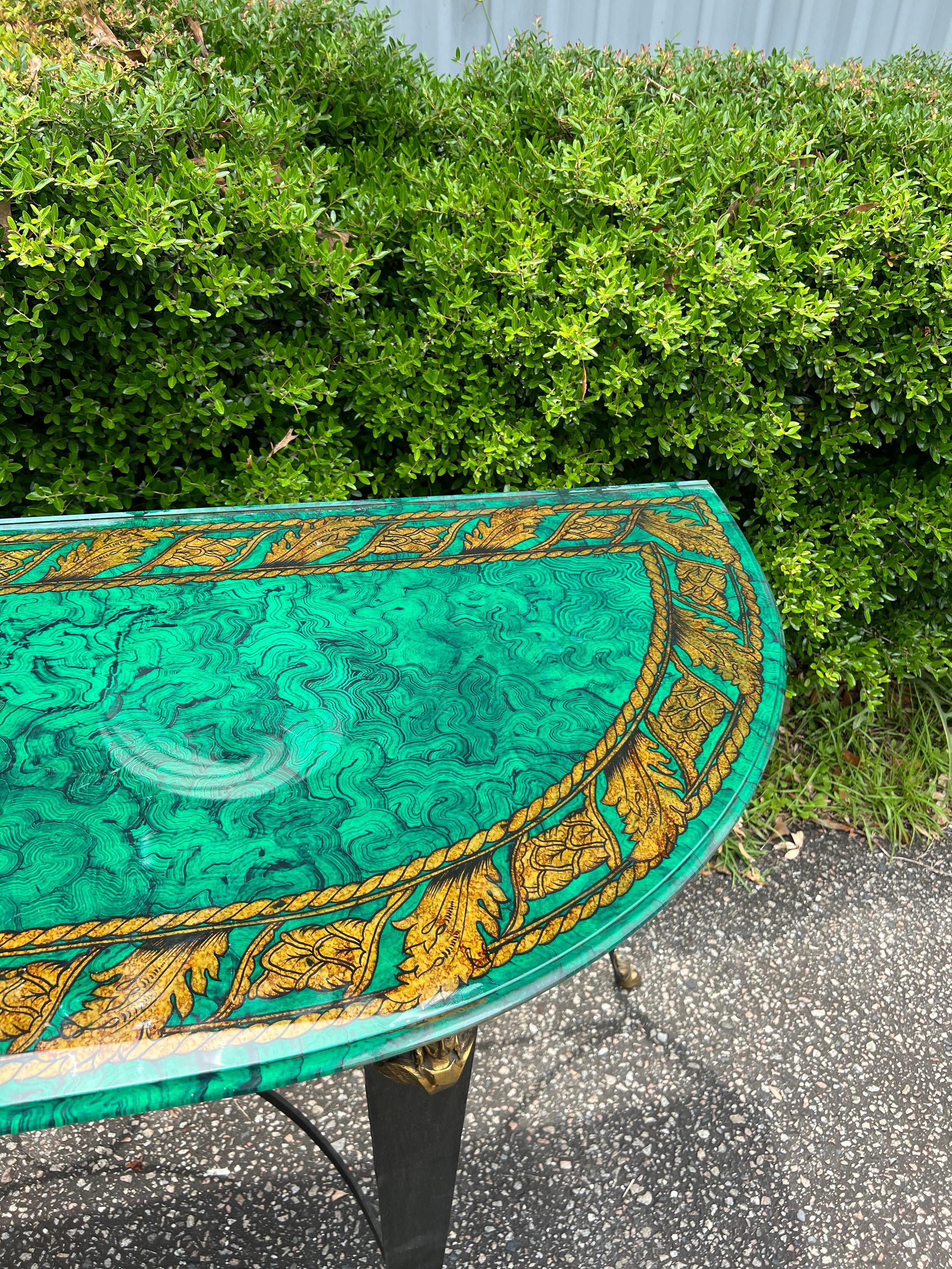 1980s Mailtland-Smith Regency Faux Malachite and Iron Hoofed Console Table For Sale 3