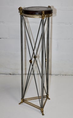 1980's Maison Jansen Style Brass And Steel Lion Head Pedestal