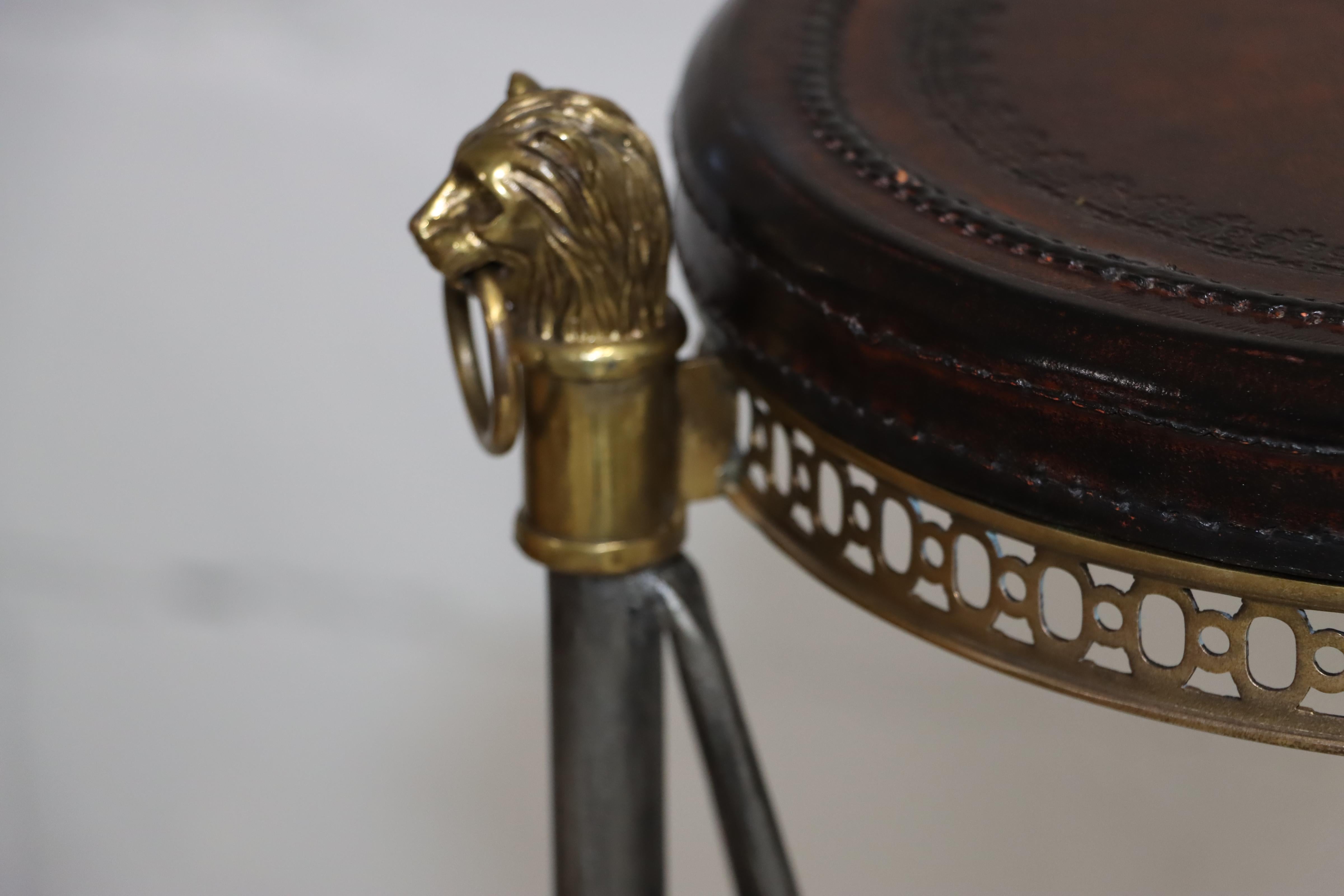 1980's Maison Jansen Style Brass And Steel Lion Head Pedestal For Sale 1