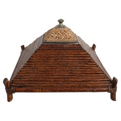 1980s Maitland-Smith Burnt Bamboo & Rattan Pagoda Pyramid Decorative Lidded Box