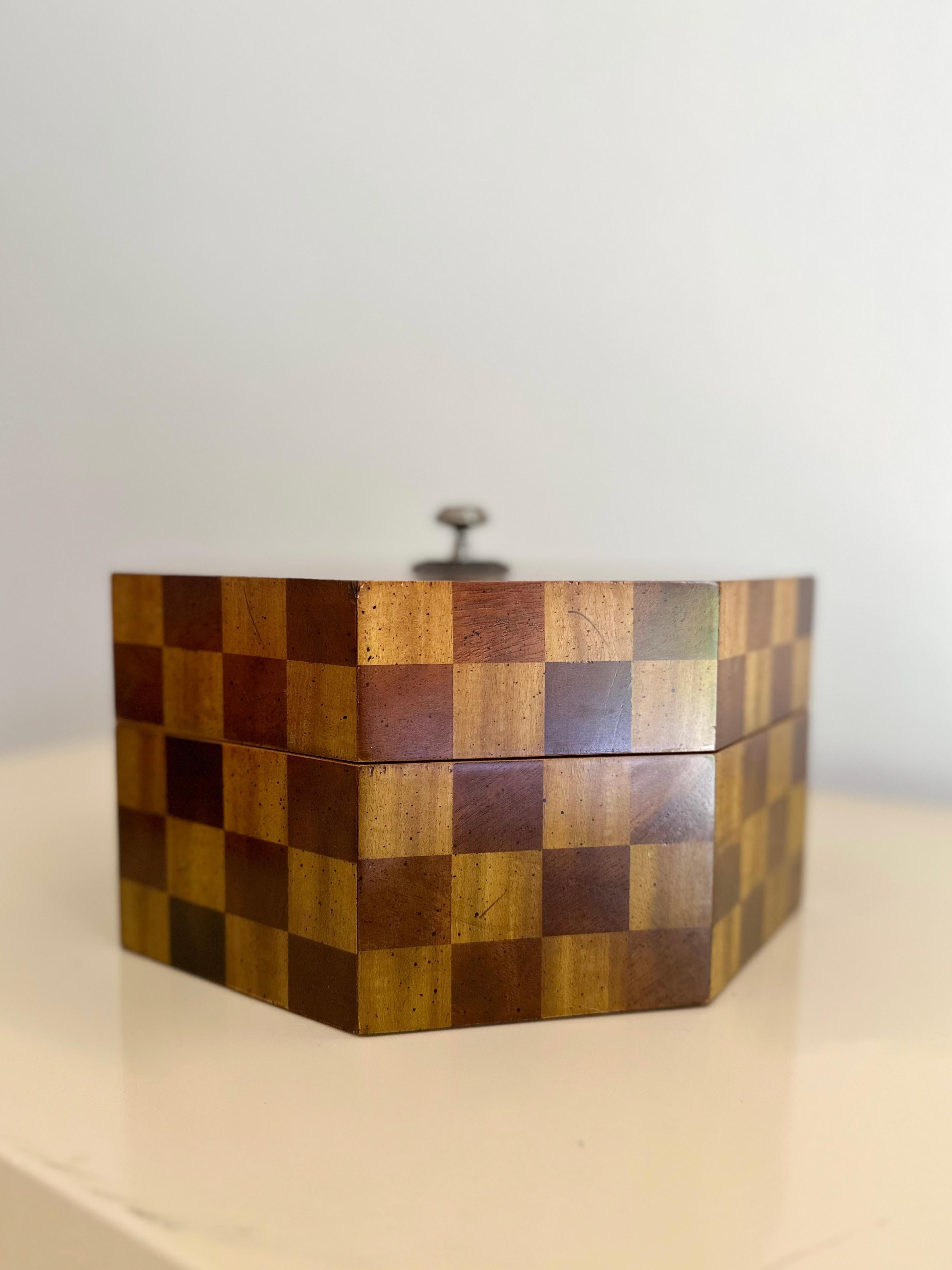 Philippine 1980s Maitland Smith Checkered Wood Octagonal Box